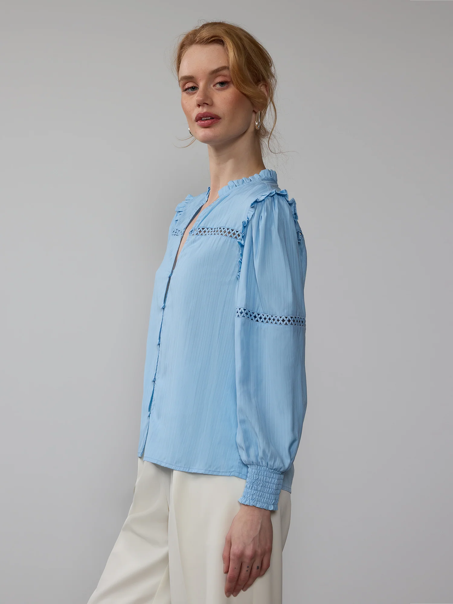 Ruffle Ladder Trim Button Front Blouse - Image 2