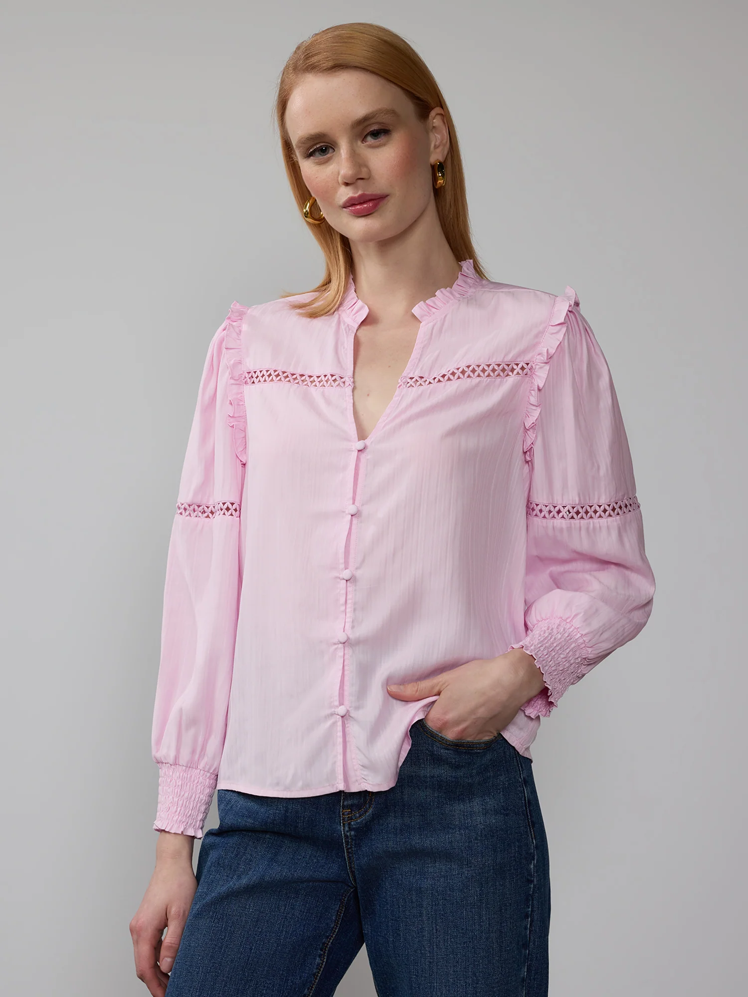 Ruffle Ladder Trim Button Front Blouse - Image 6