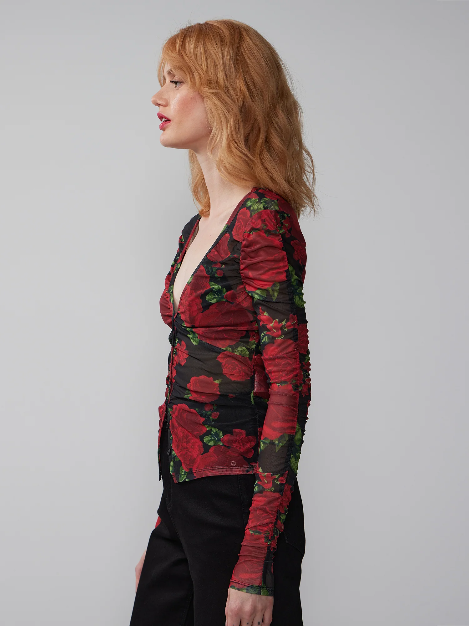 Ruched Mesh Button Front Floral Top - Image 2