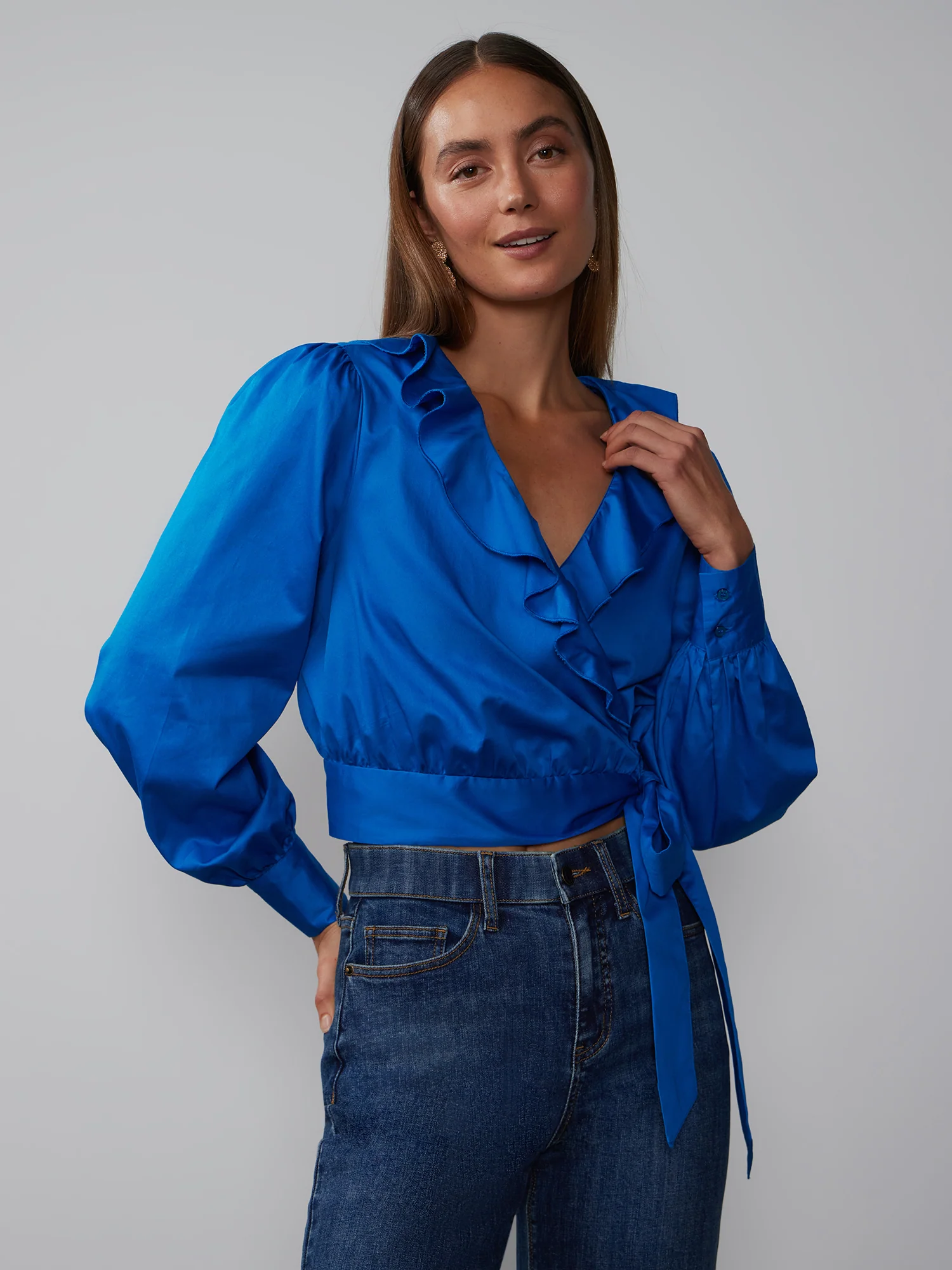 Bishop Sleeve Ruffle Neck Wrap Top