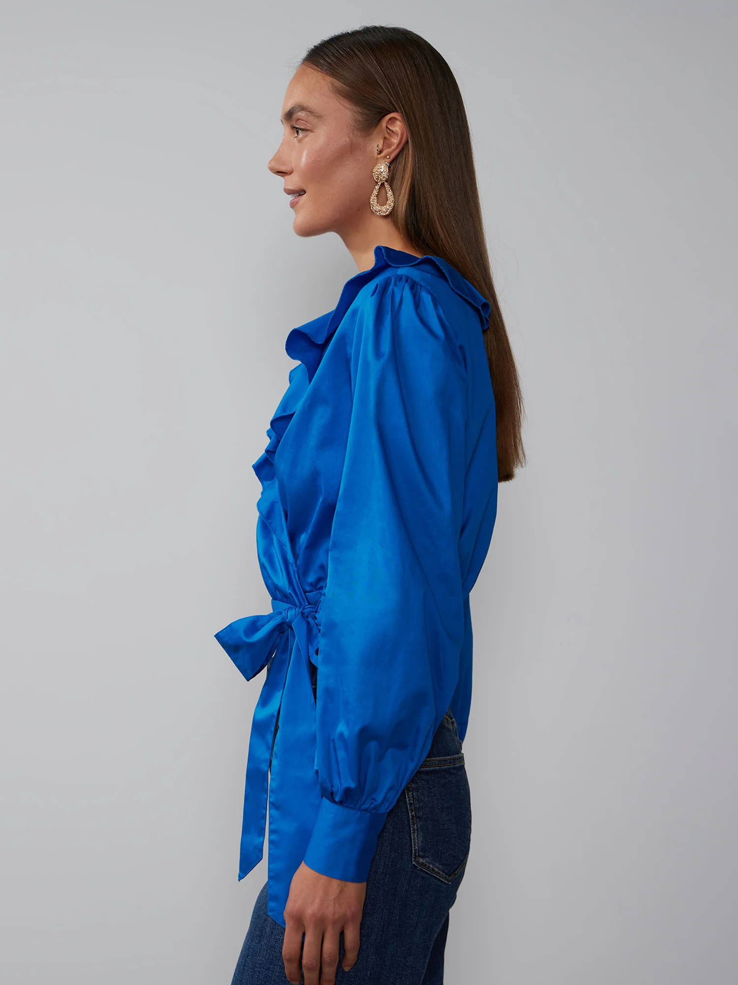 Bishop Sleeve Ruffle Neck Wrap Top - Image 2