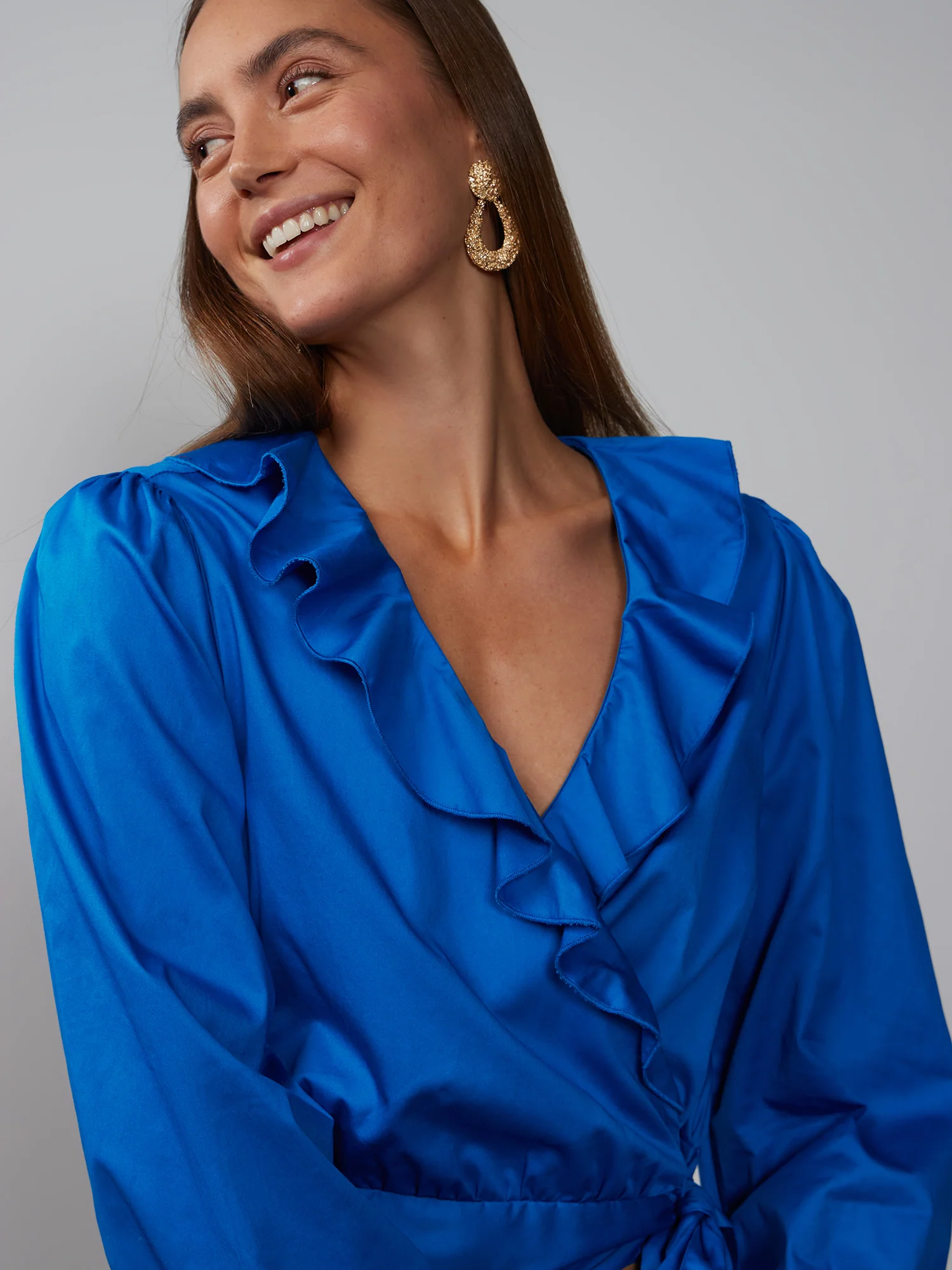 Bishop Sleeve Ruffle Neck Wrap Top - Image 4
