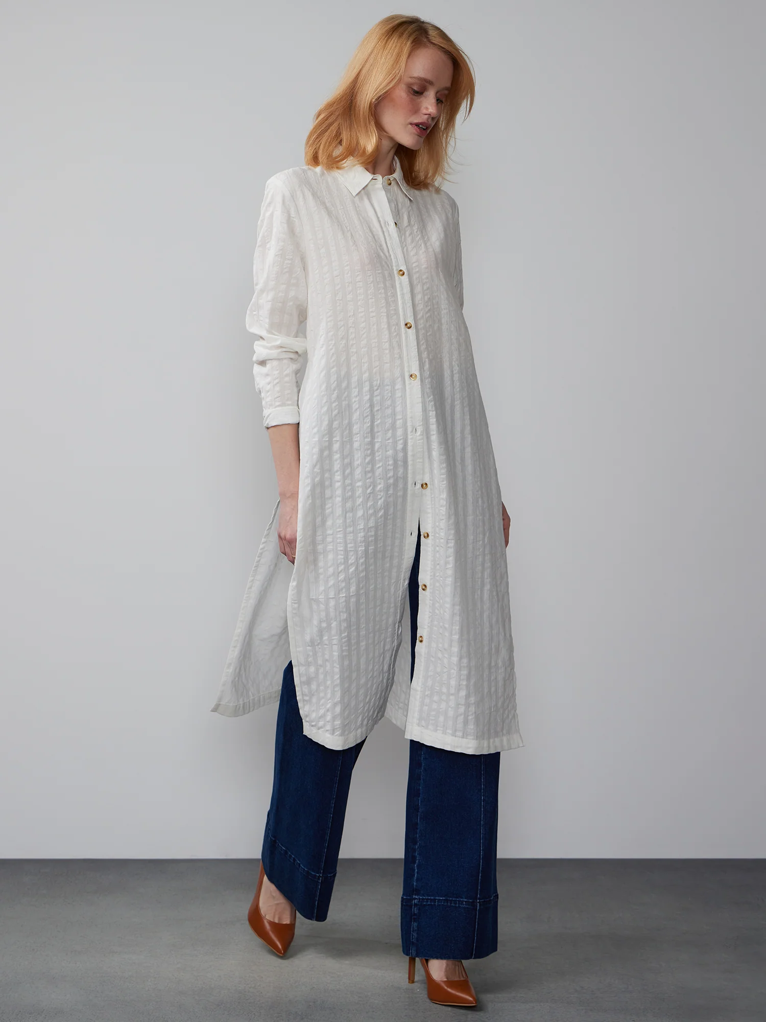 Textured Stripe Side Slit Maxi Shirt