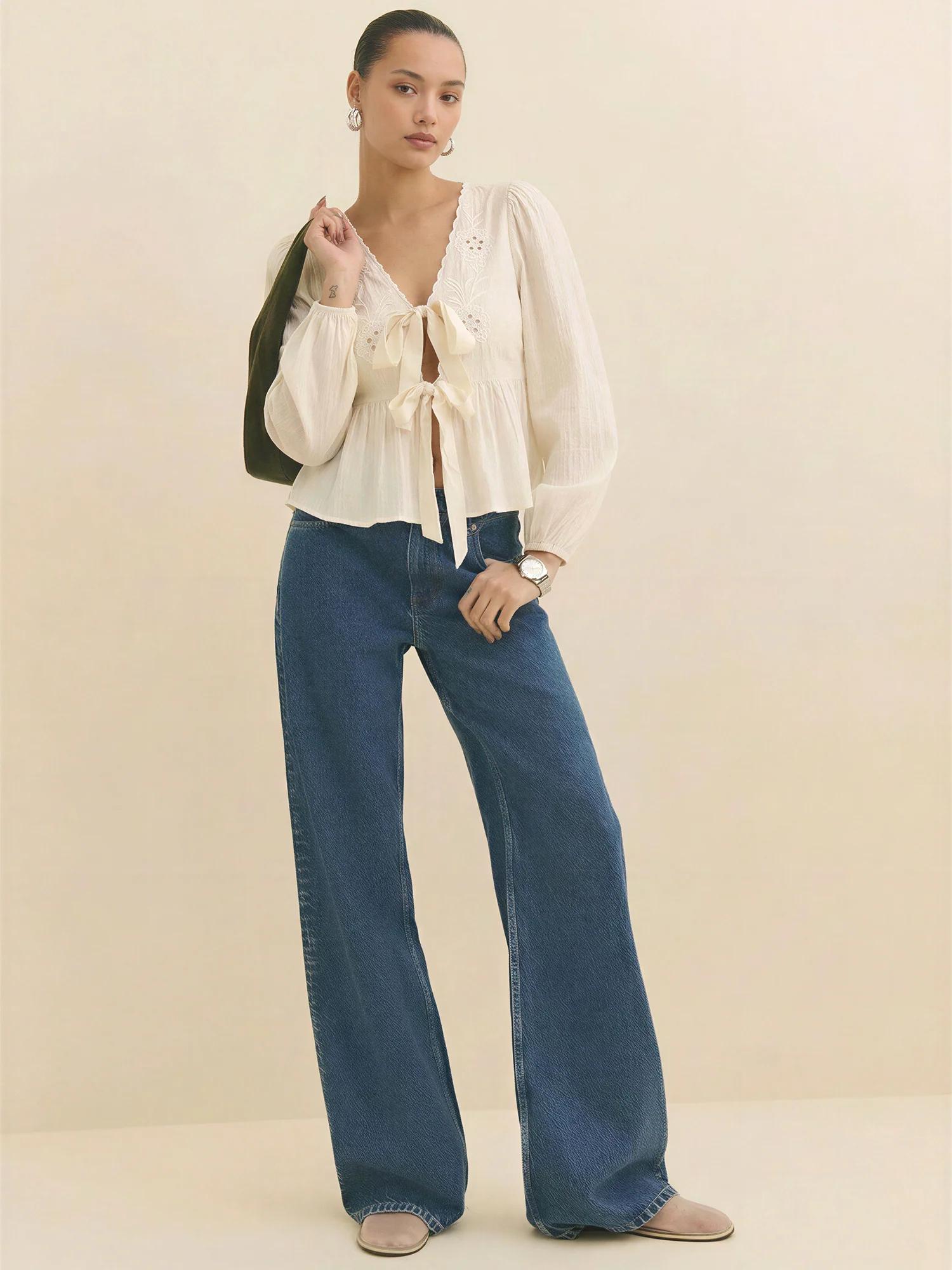 Long Sleeves Tie Front Embrodiery Blouse - Image 4