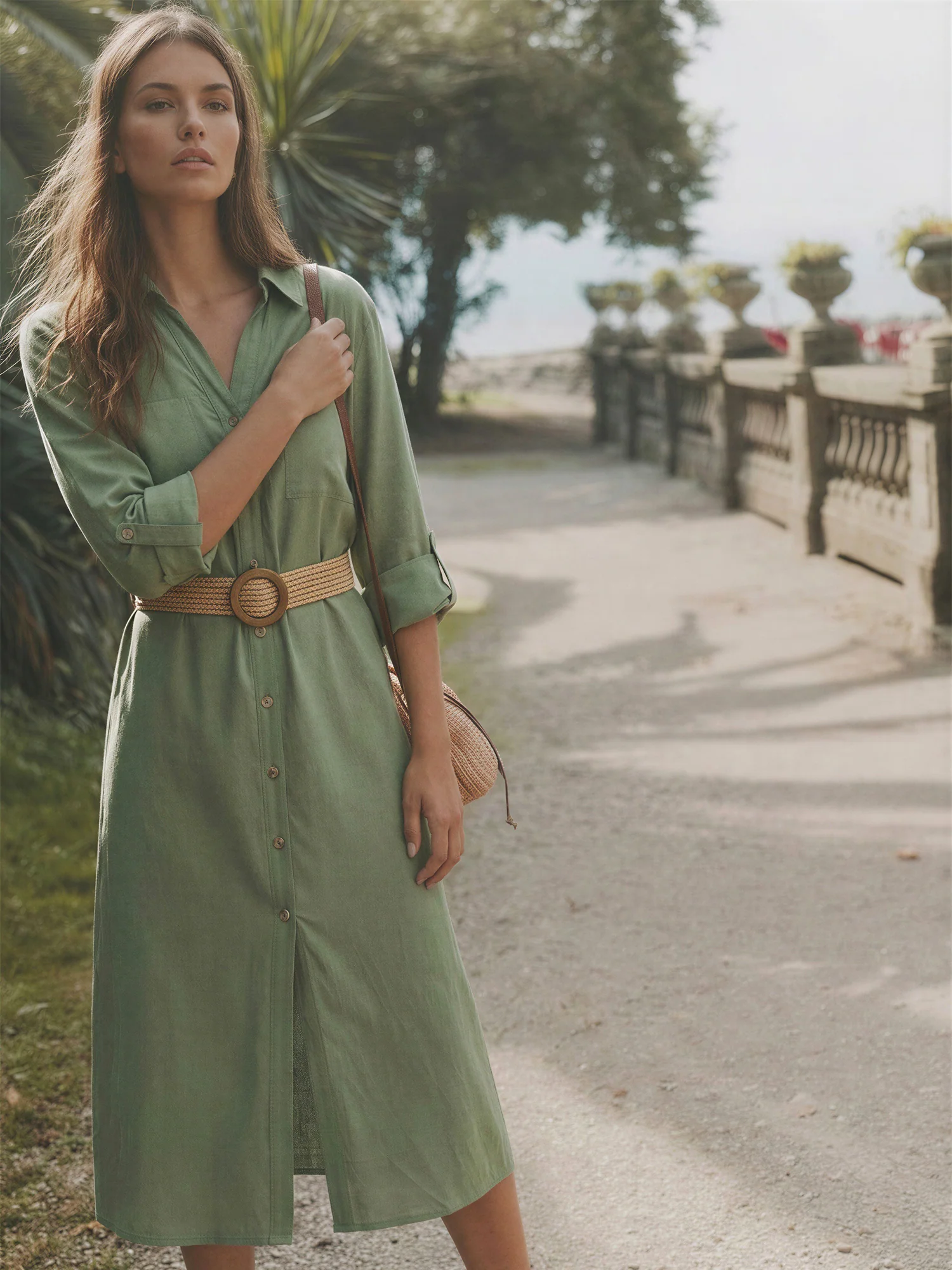 Long Sleeve Utility Button Down Linen Shirt Midi Dress