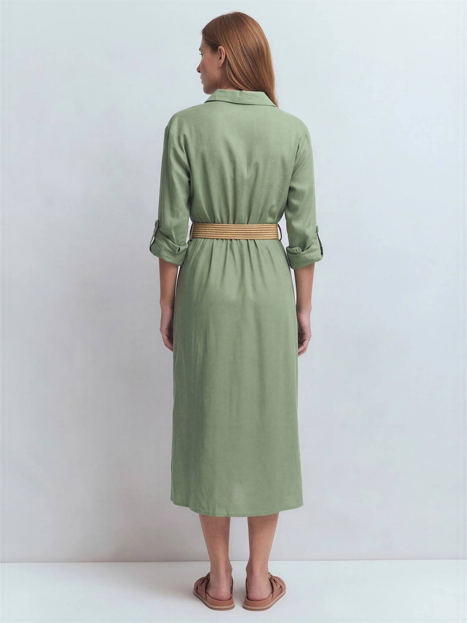 Long Sleeve Utility Button Down Linen Shirt Midi Dress - Image 4