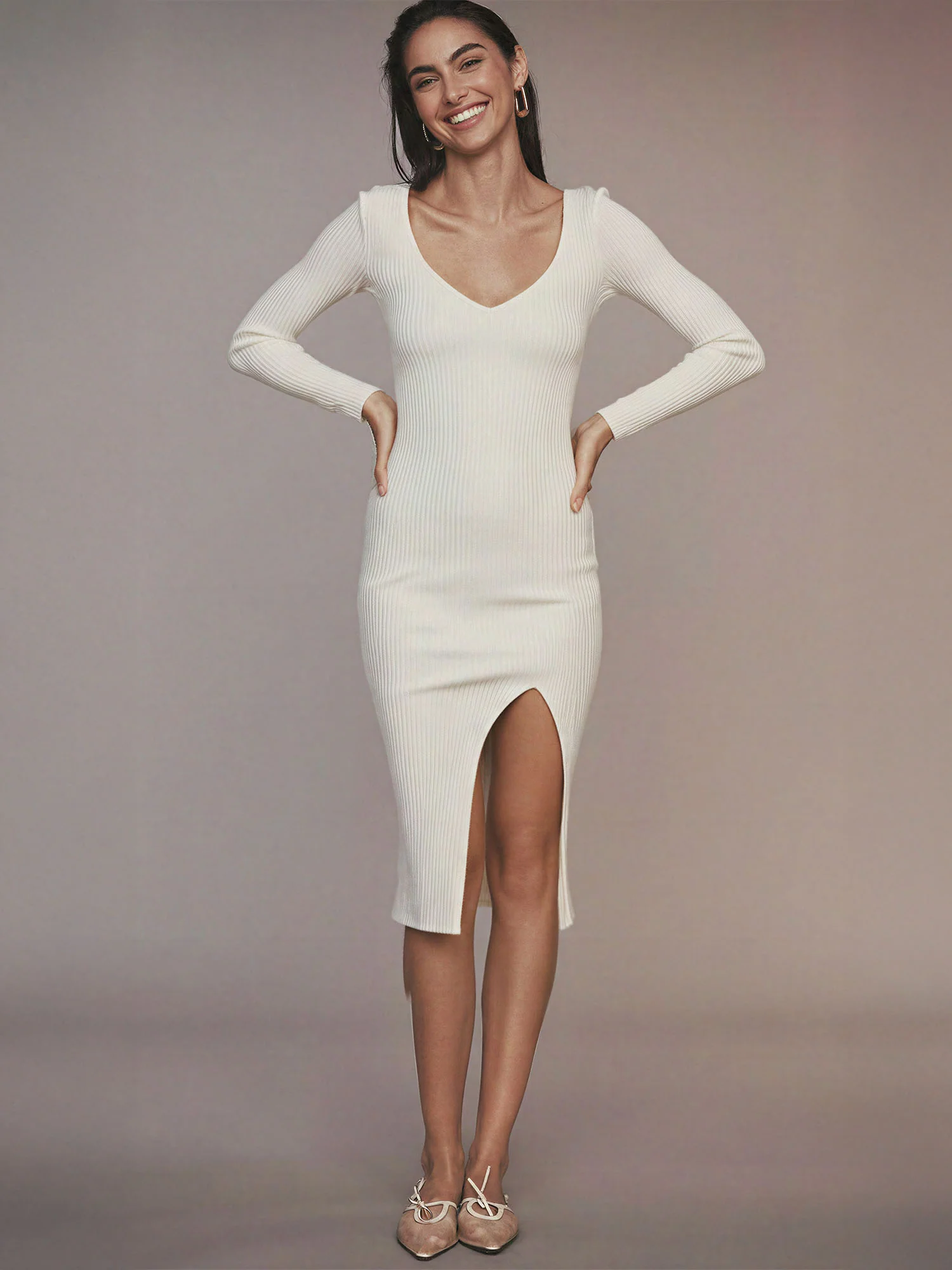 V Neck Knit Bodycon Slit Midi Dress - Image 7