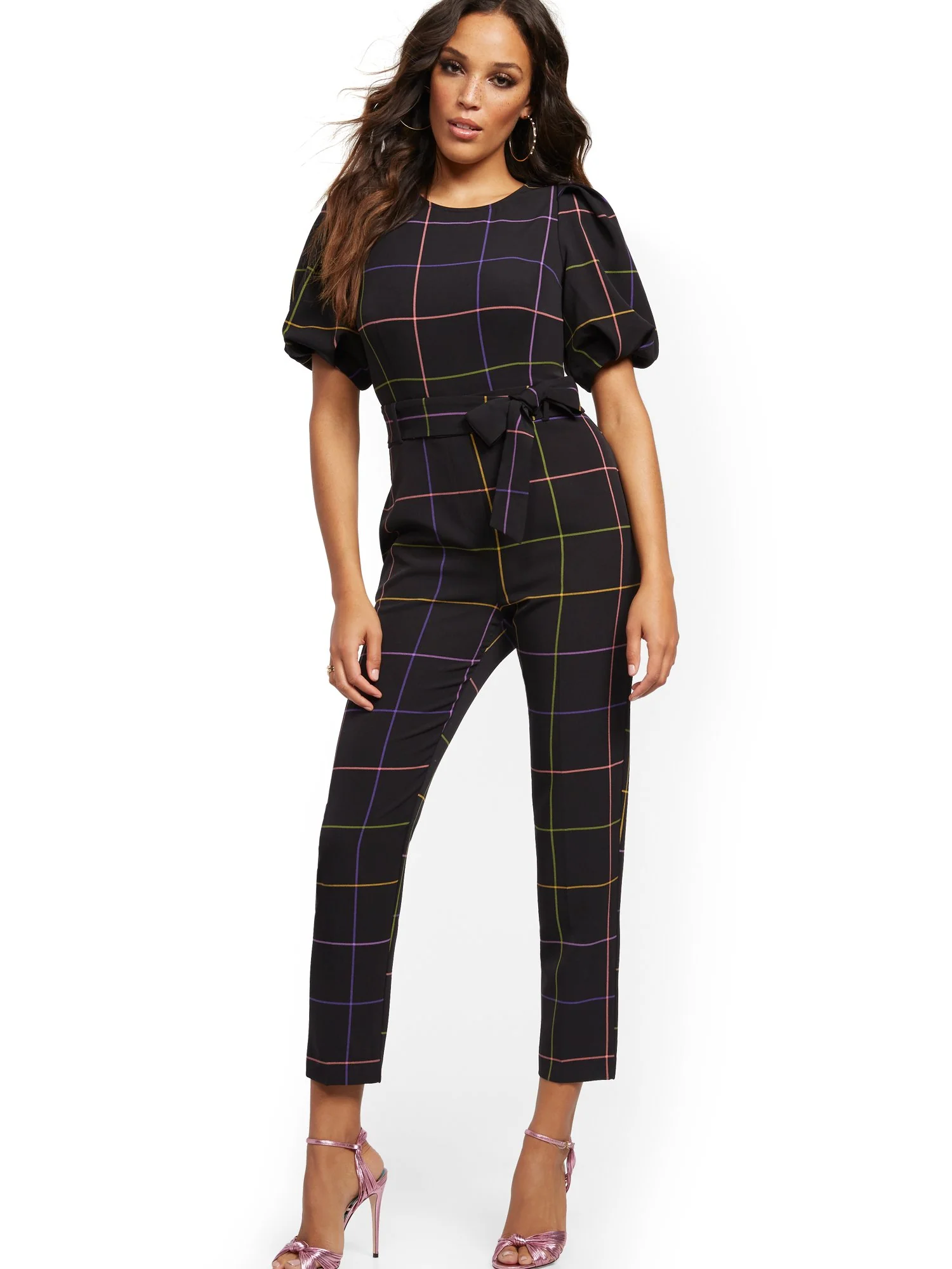 Madie Puff-Sleeve Rainbow-Plaid Jumpsuit - 7th Avenue - Image 2