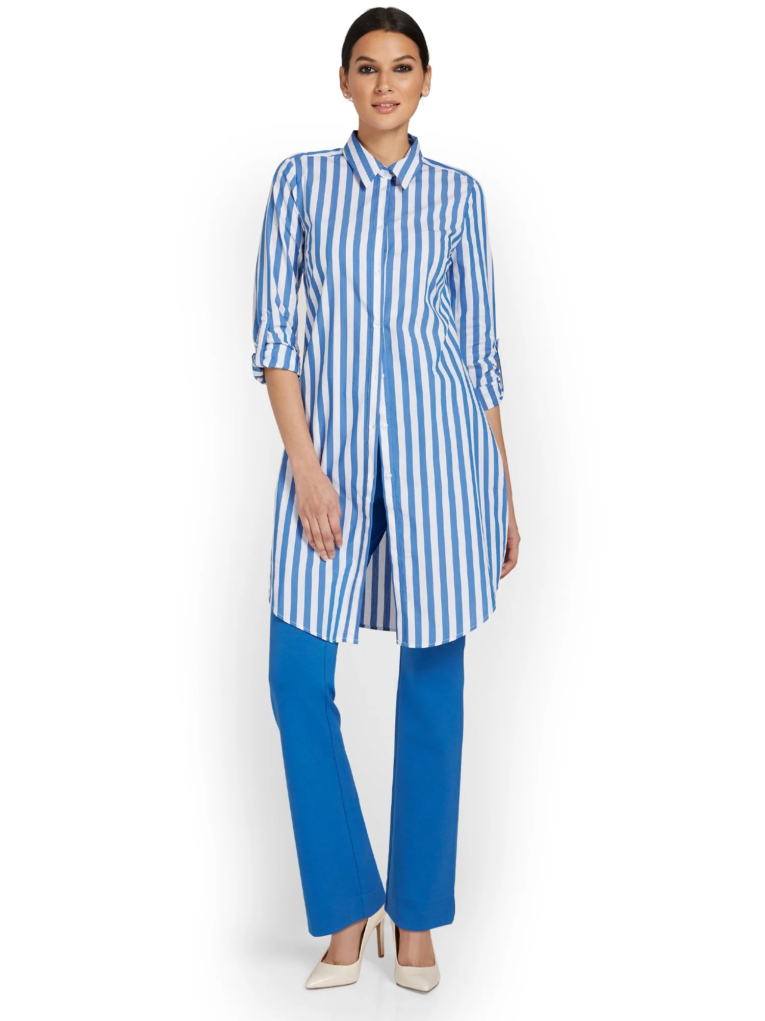 Madison Button-Down Long Tunic Shirt - Stripe - Image 2