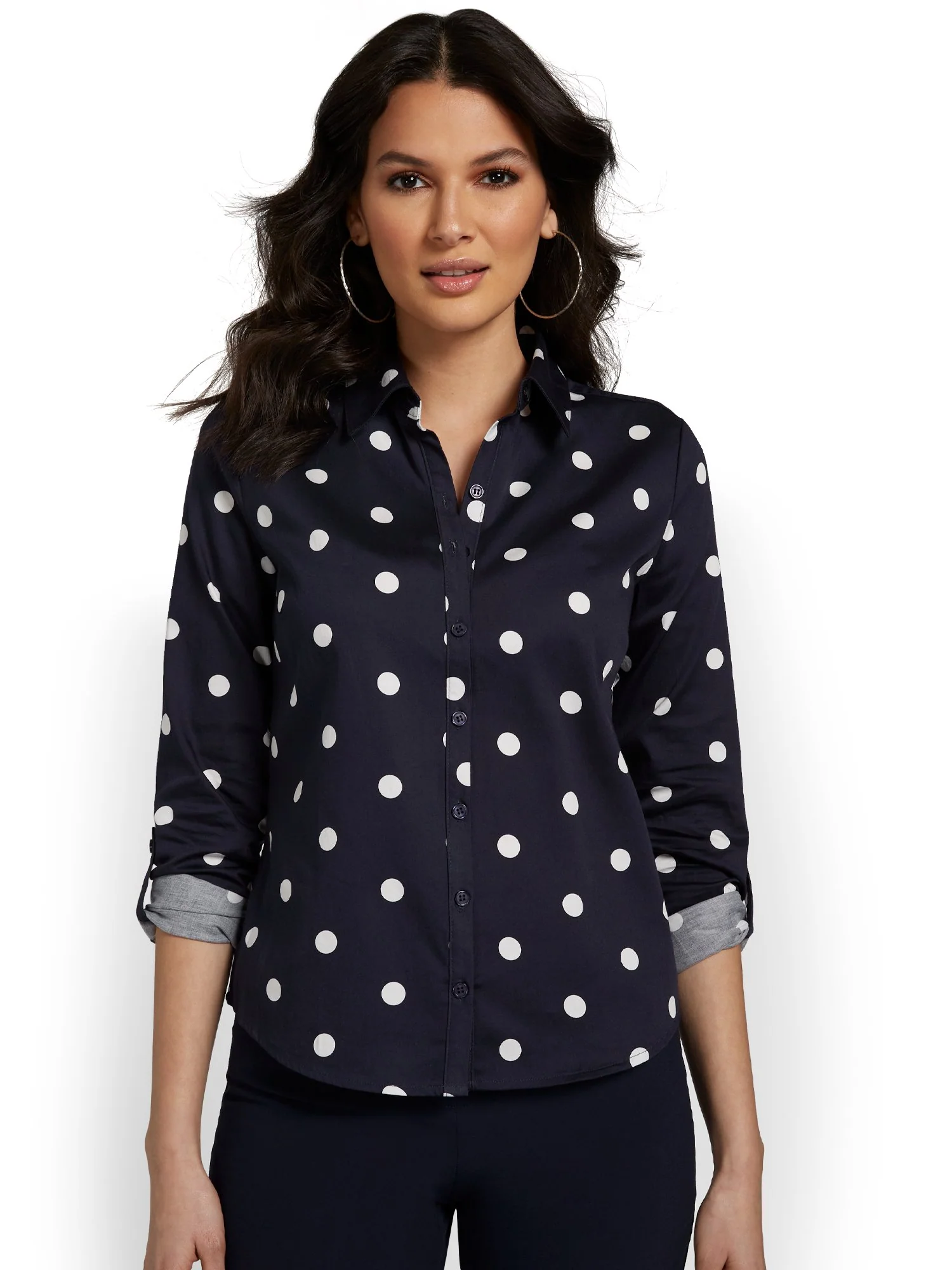 Madison Roll-Sleeve Button-Front Secret Snap Shirt - Polka-Dot - Image 5