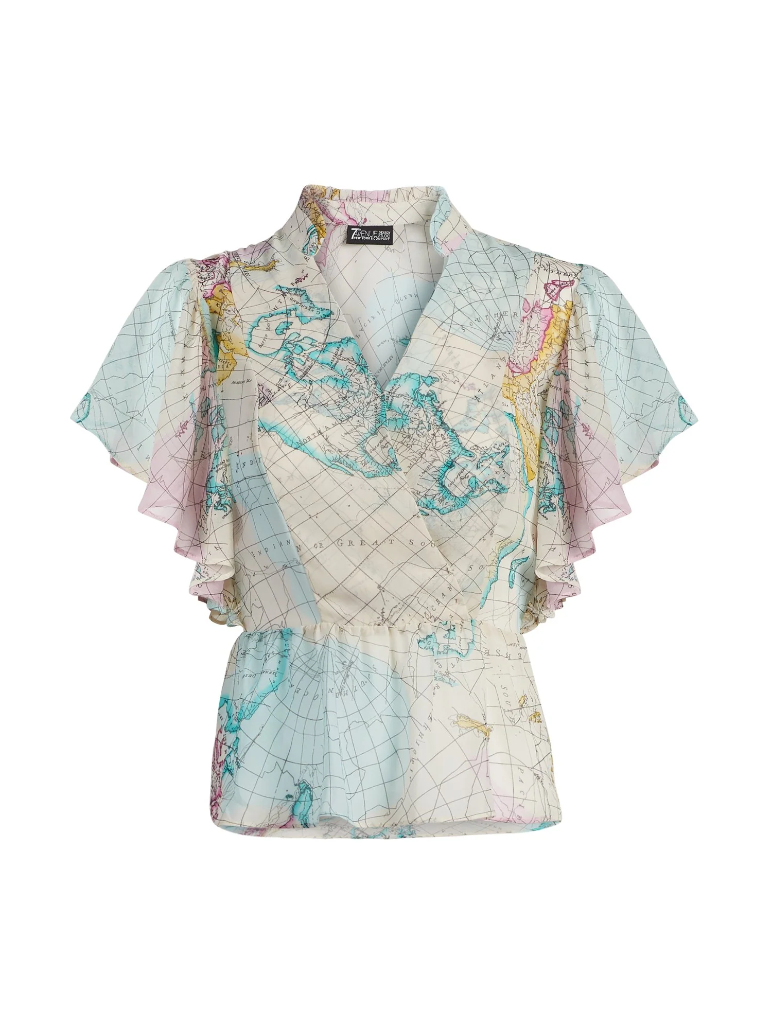 Map-Print Ruffle Peplum Top - 7th Avenue