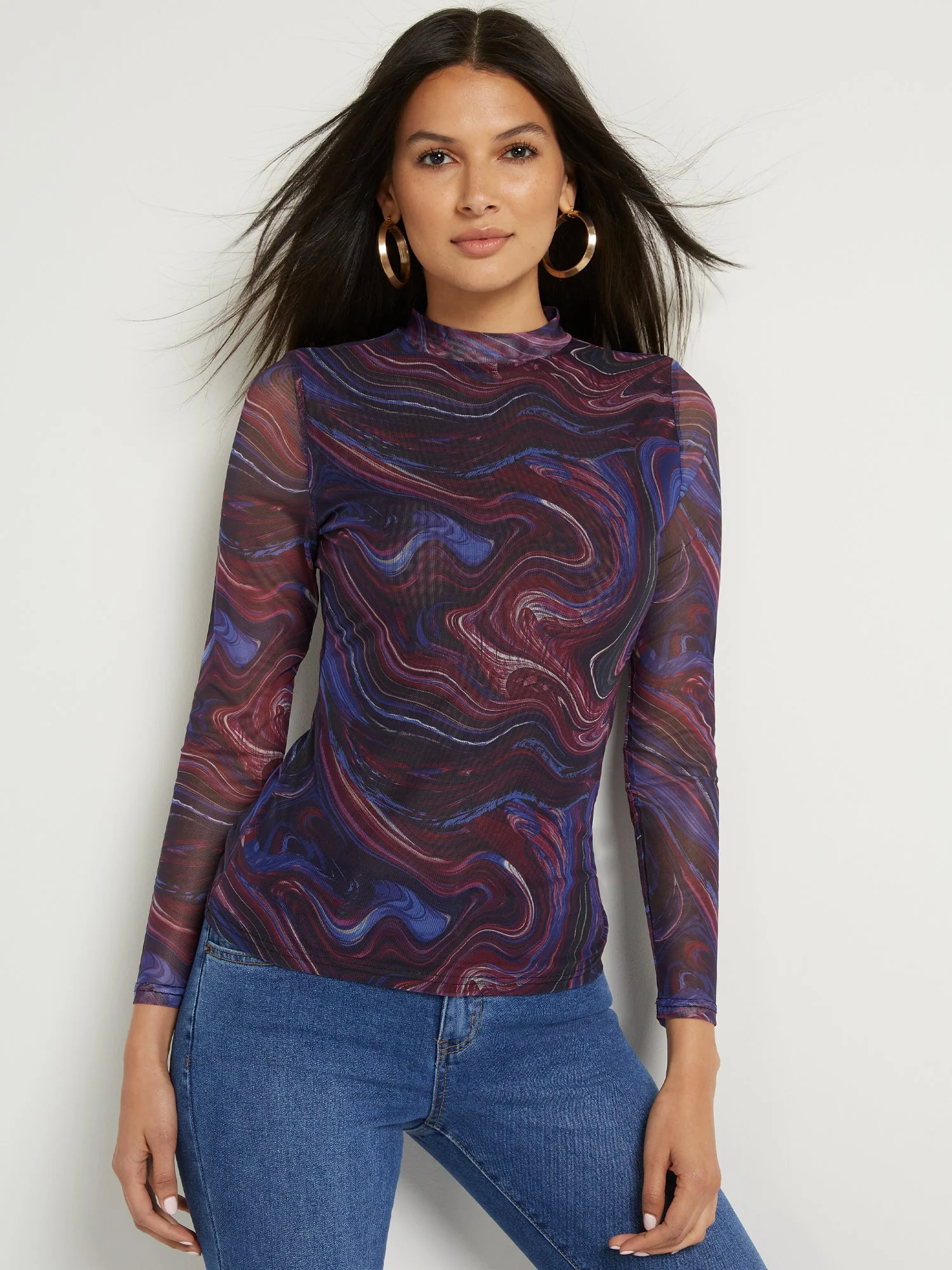 Marble-Print Mock-Neck Mesh Top