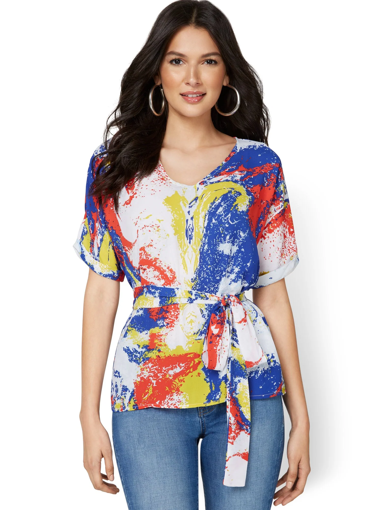 Marble-Print Tie-Front Top