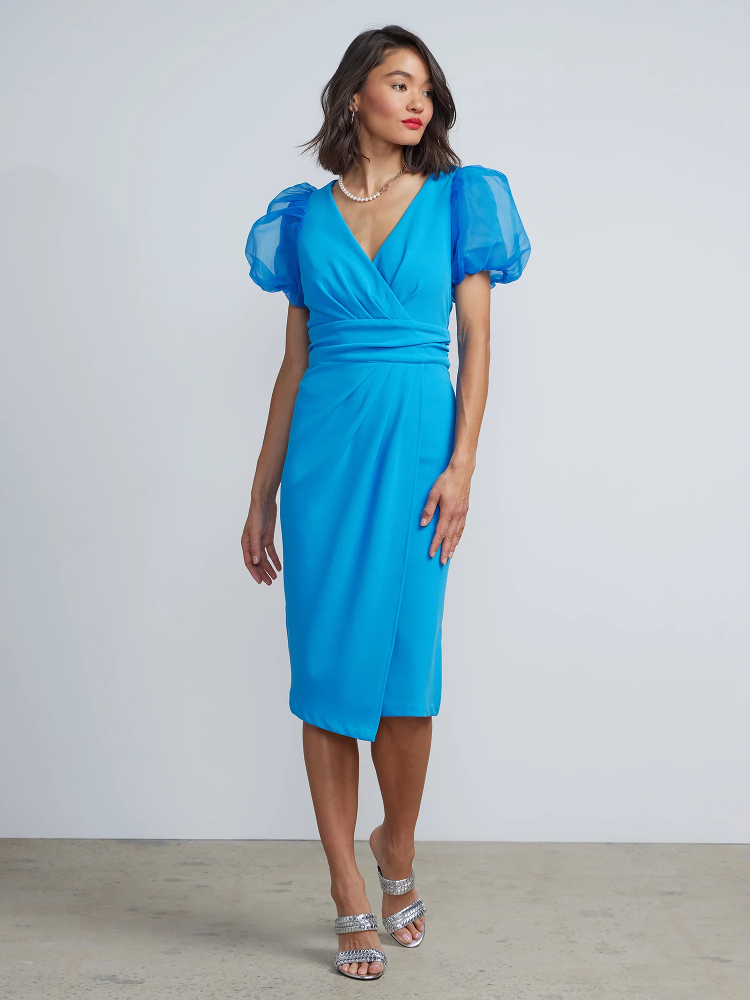 Mesh Puff Sleeve Faux Wrap Sheath Dress - Image 5