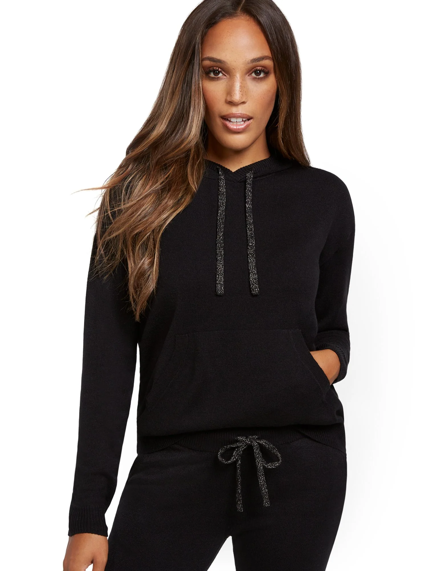 Metallic Drawstring-Tie Hooded Sweatshirt