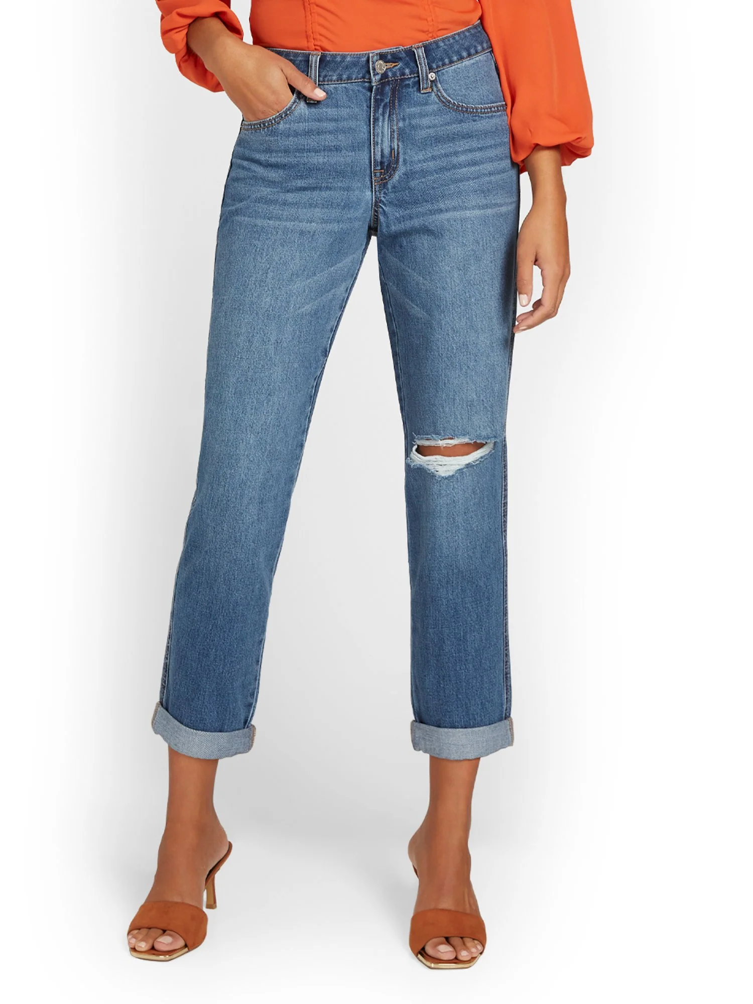 Mid-Rise Boyfriend Ankle Jeans - Dark Blue Wash