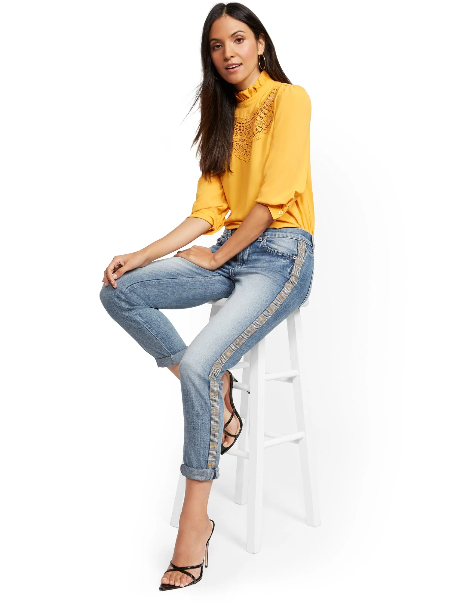 Mid-Rise Plaid-Trim Slim Boyfriend Jeans - Image 2