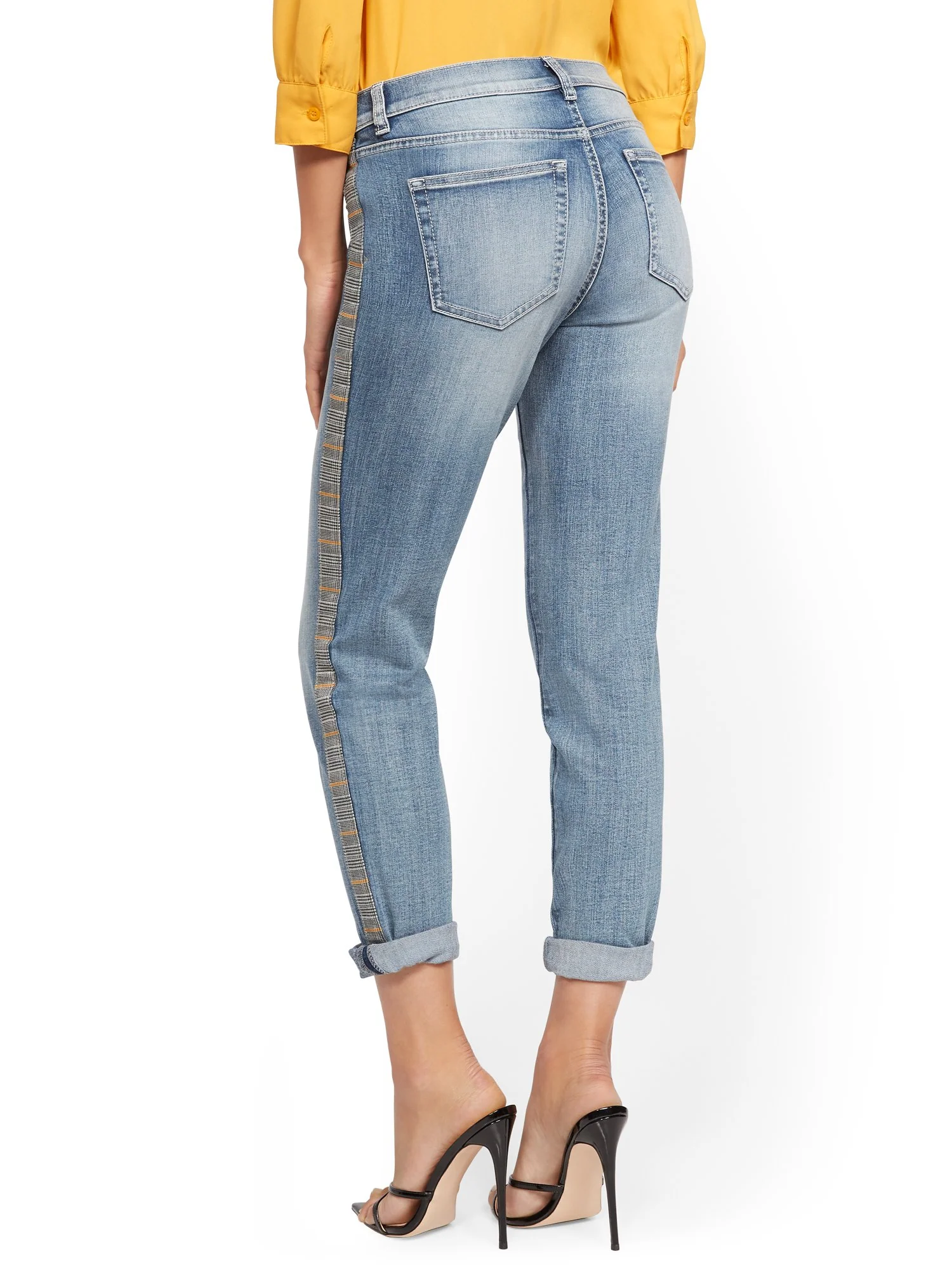 Mid-Rise Plaid-Trim Slim Boyfriend Jeans - Image 3