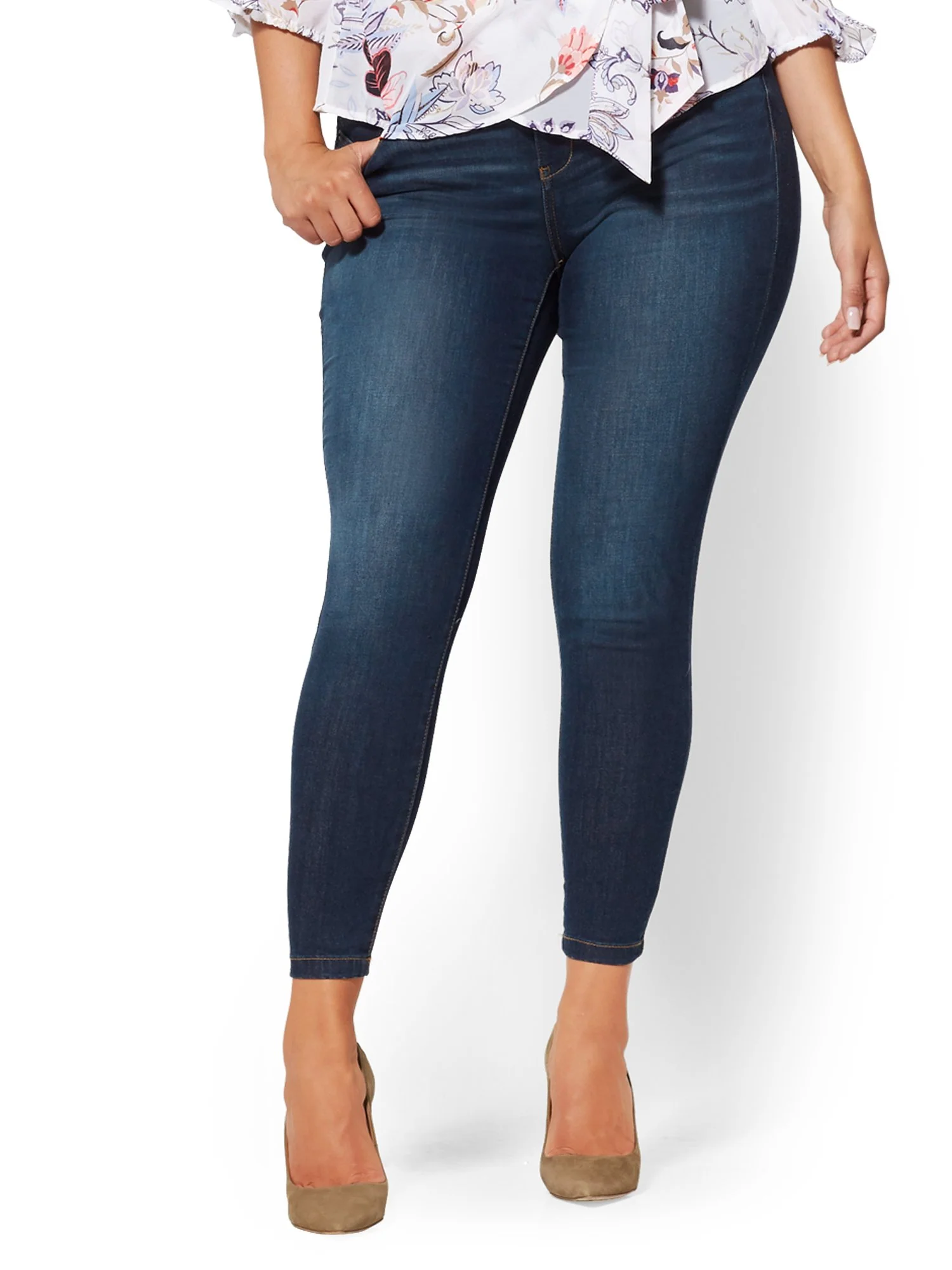 Mid-Rise Slimming No-Gap Super-Skinny Ankle Jeans - Dark Blue - Image 2