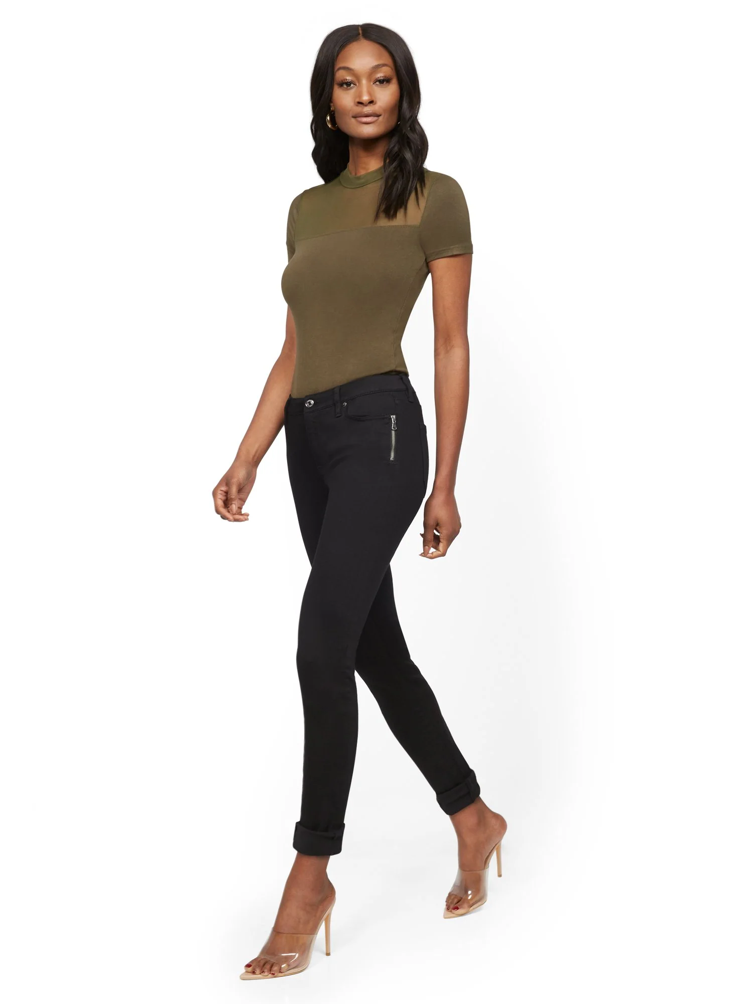 Mid-Rise Zip-Accent Slim Boyfriend Jeans - Black - Image 4