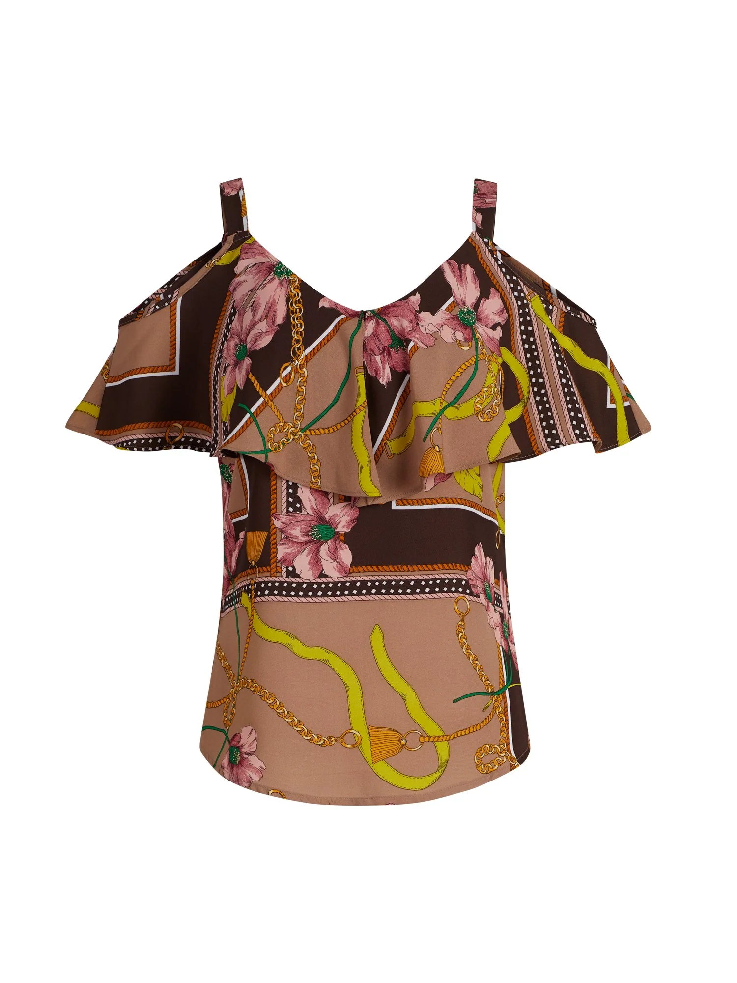 Mixed Floral Print Ruffled Cold-Shoulder Top - Image 5