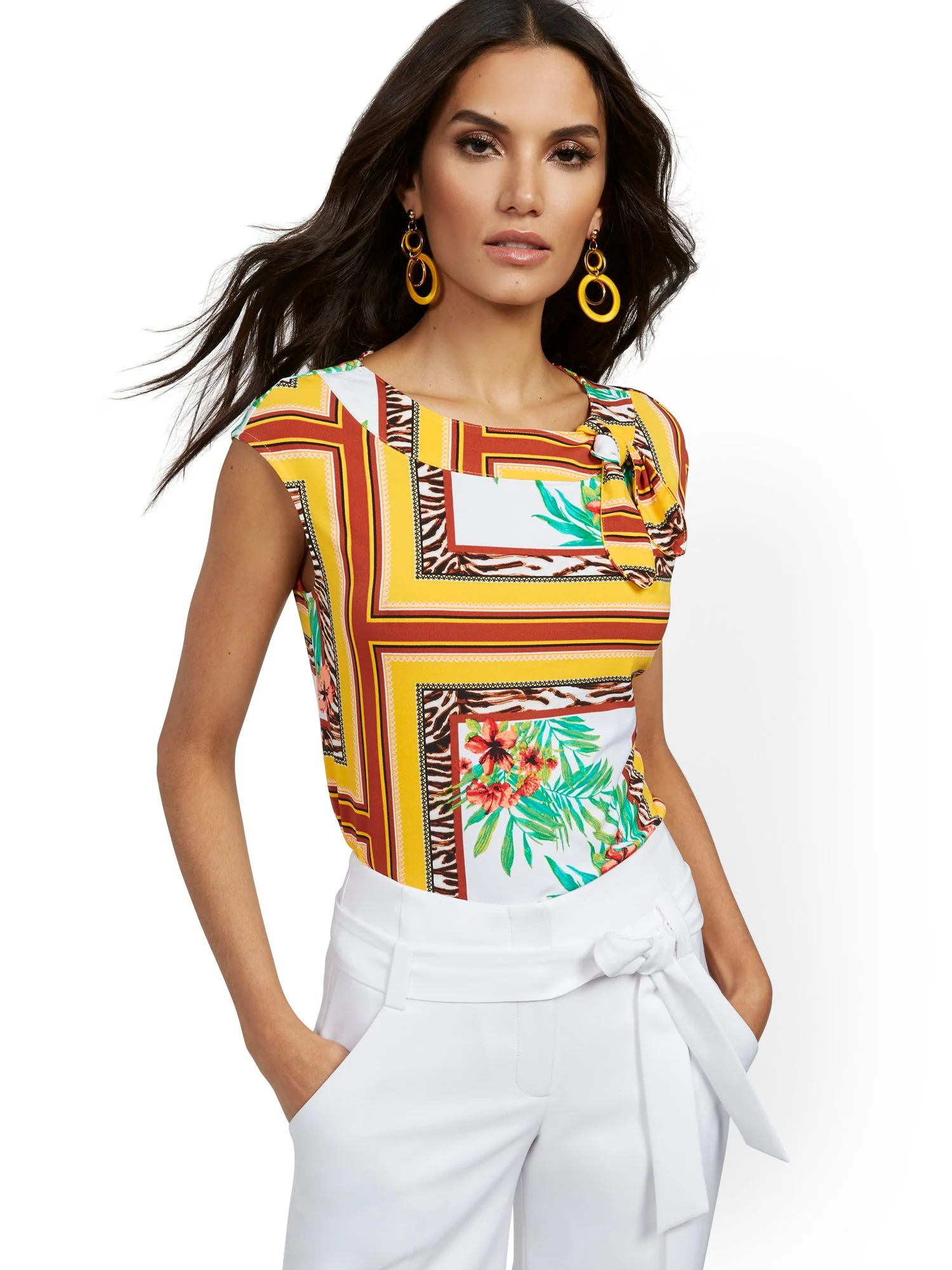 Mixed-Print Bow-Accent Top - 7th Avenue