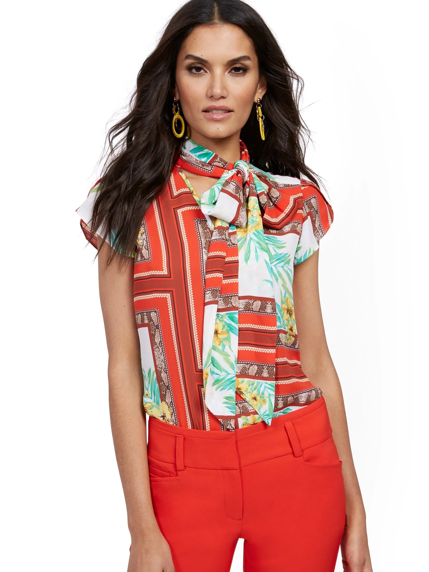 Mixed-Print Tulip-Sleeve Blouse - 7th Avenue
