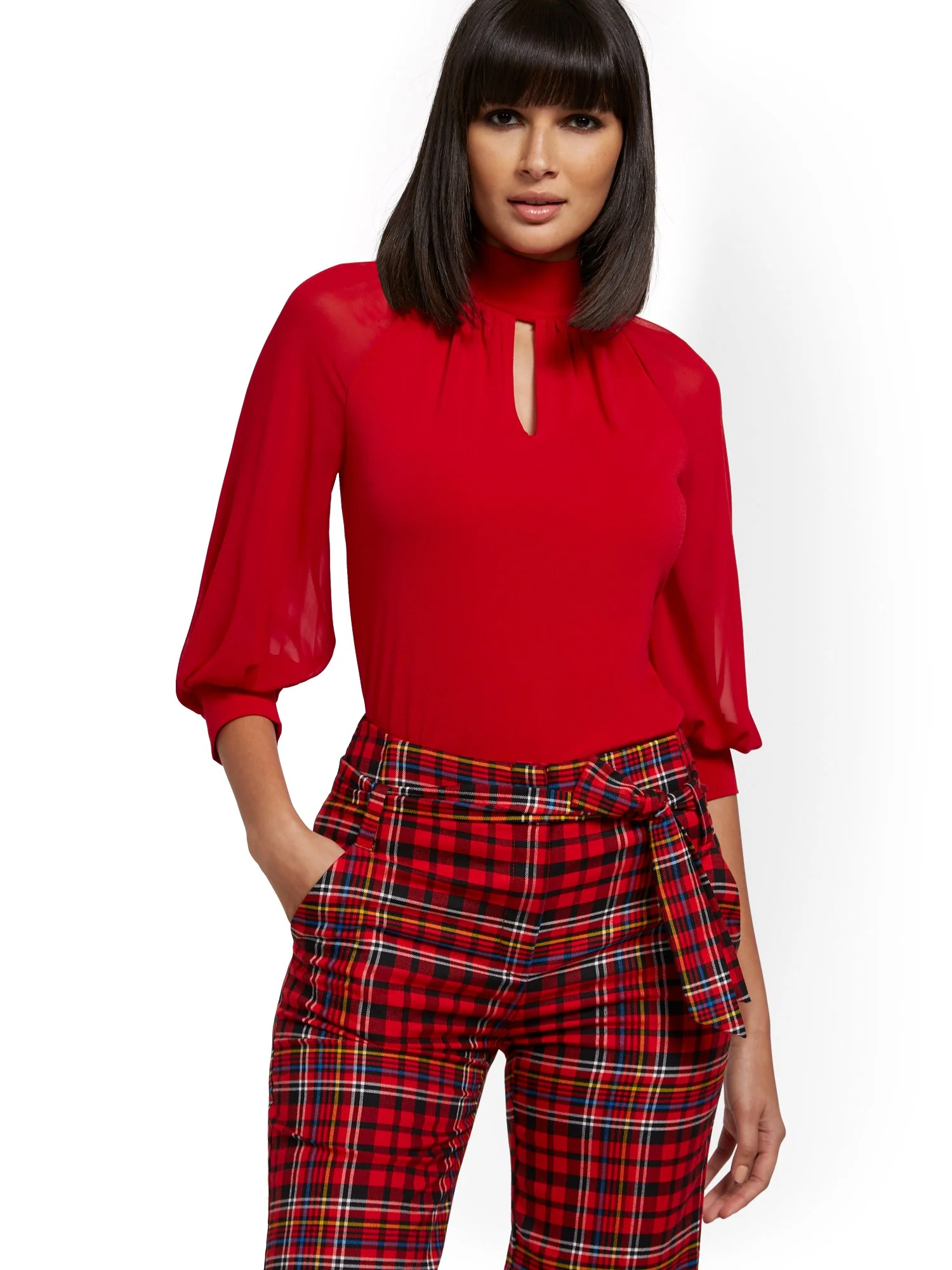 Mock-Neck Balloon-Sleeve Top - 7th Avenue - Image 2
