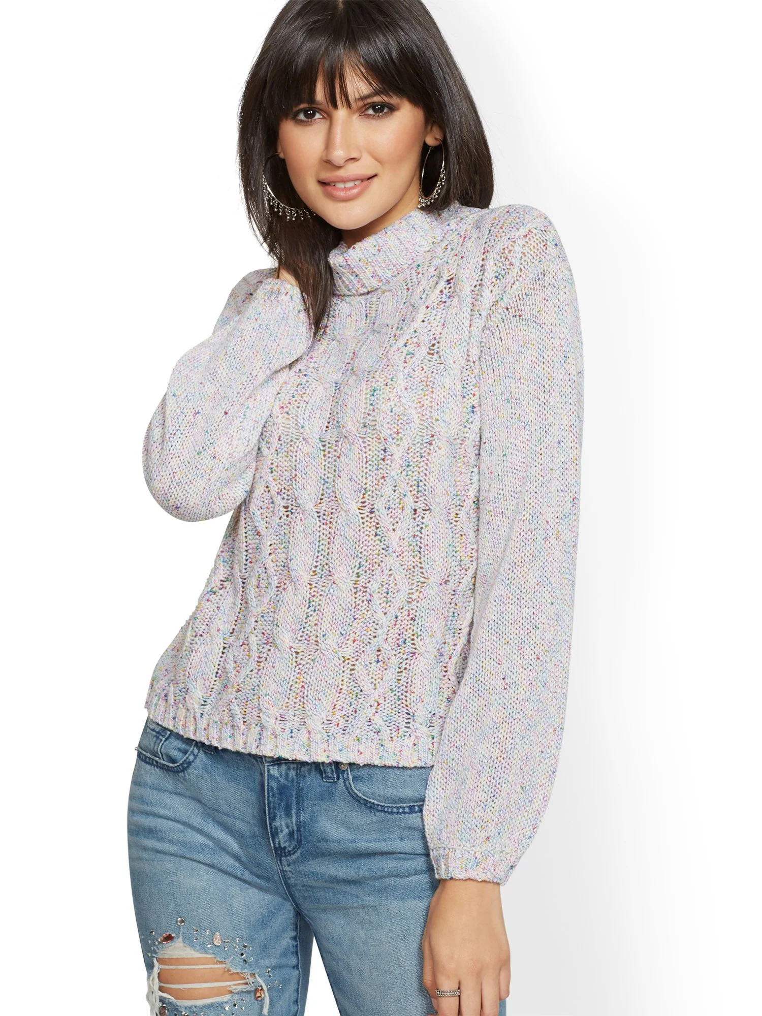 Mock-Neck Marled Cable-Knit Sweater