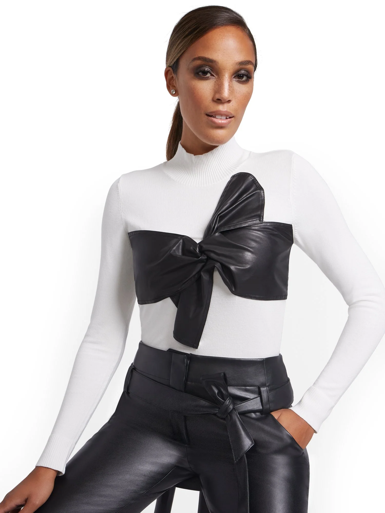 Mock-Neck Sweater with Faux-Leather Bow - Image 5