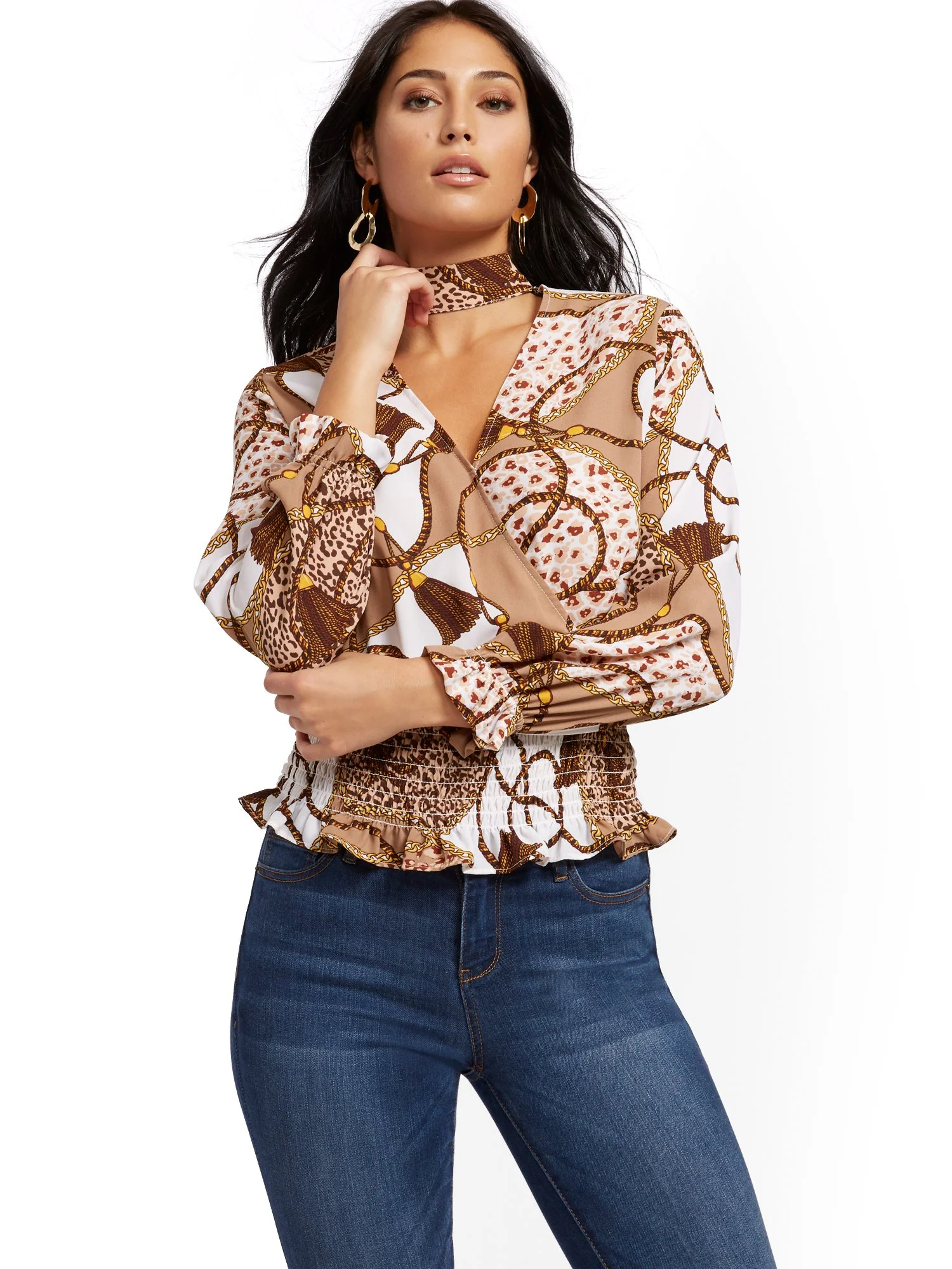 Mock-Neck Wrap Blouse - Mixed Print - Image 4