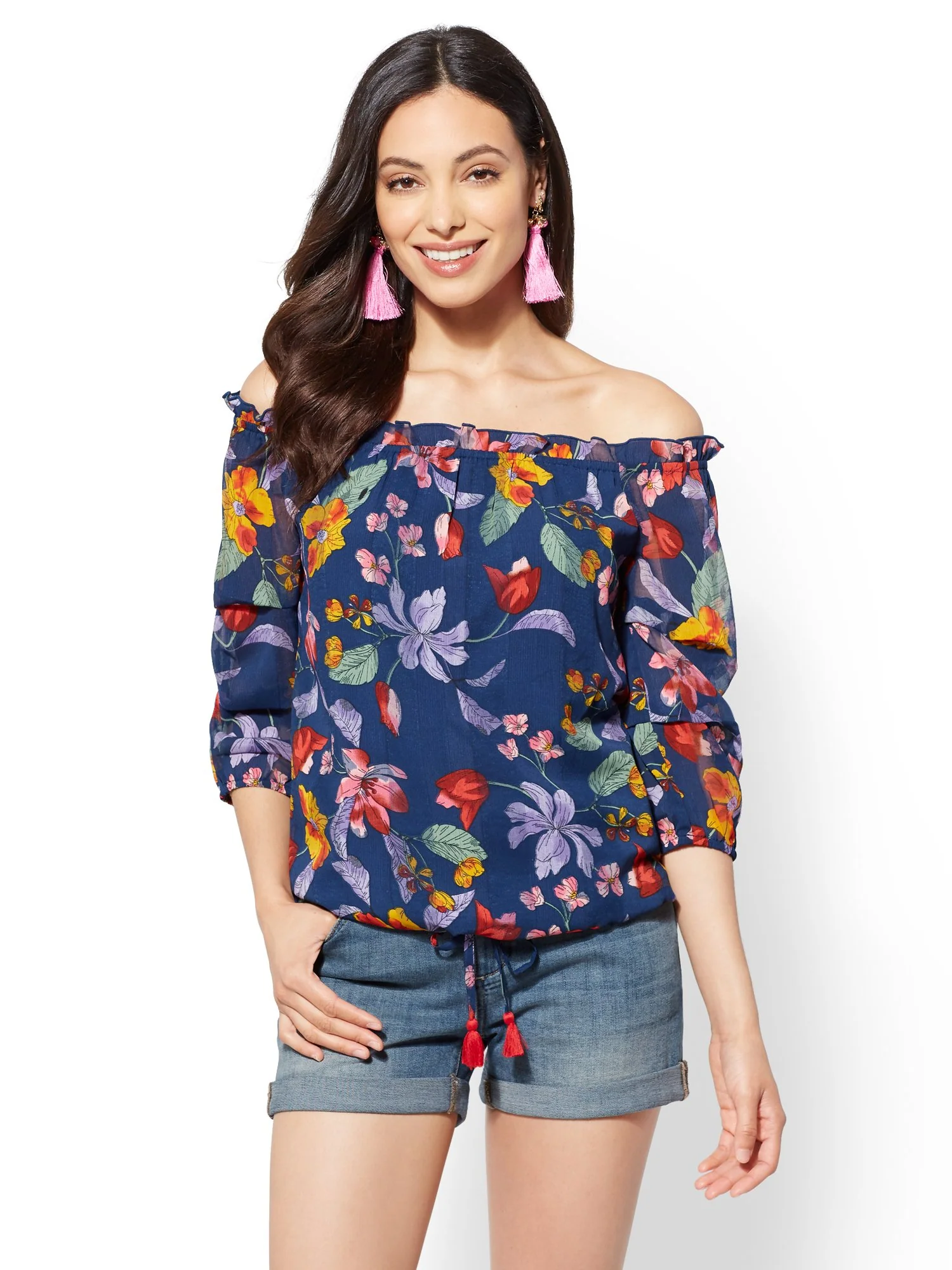 Navy Floral Off-The-Shoulder Blouse