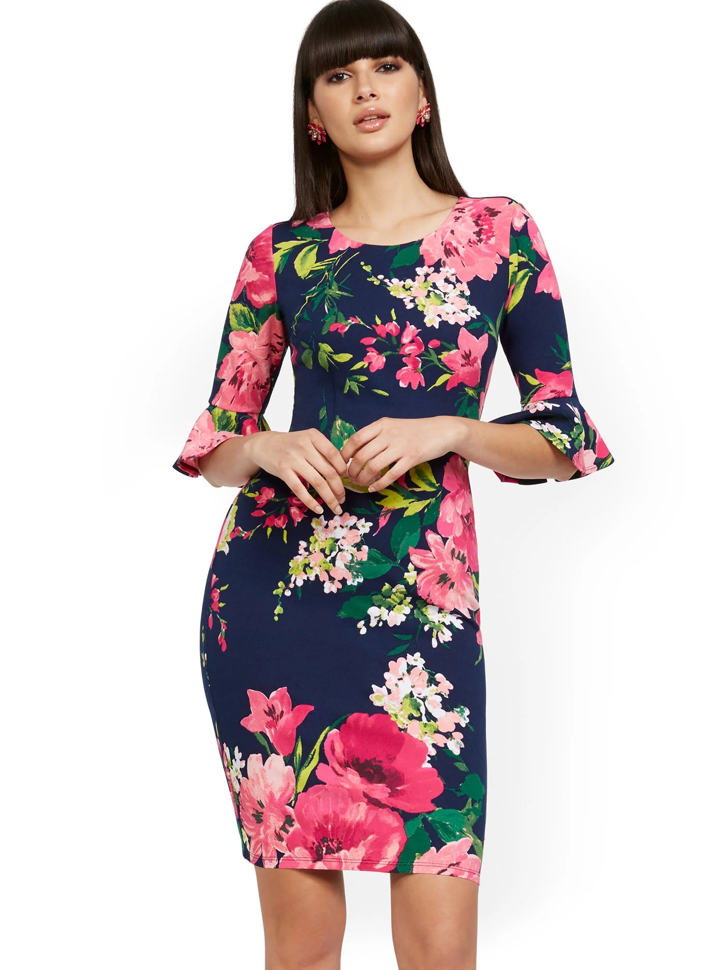 Navy Flounce-Cuff Sheath Dress - Magic Crepe®