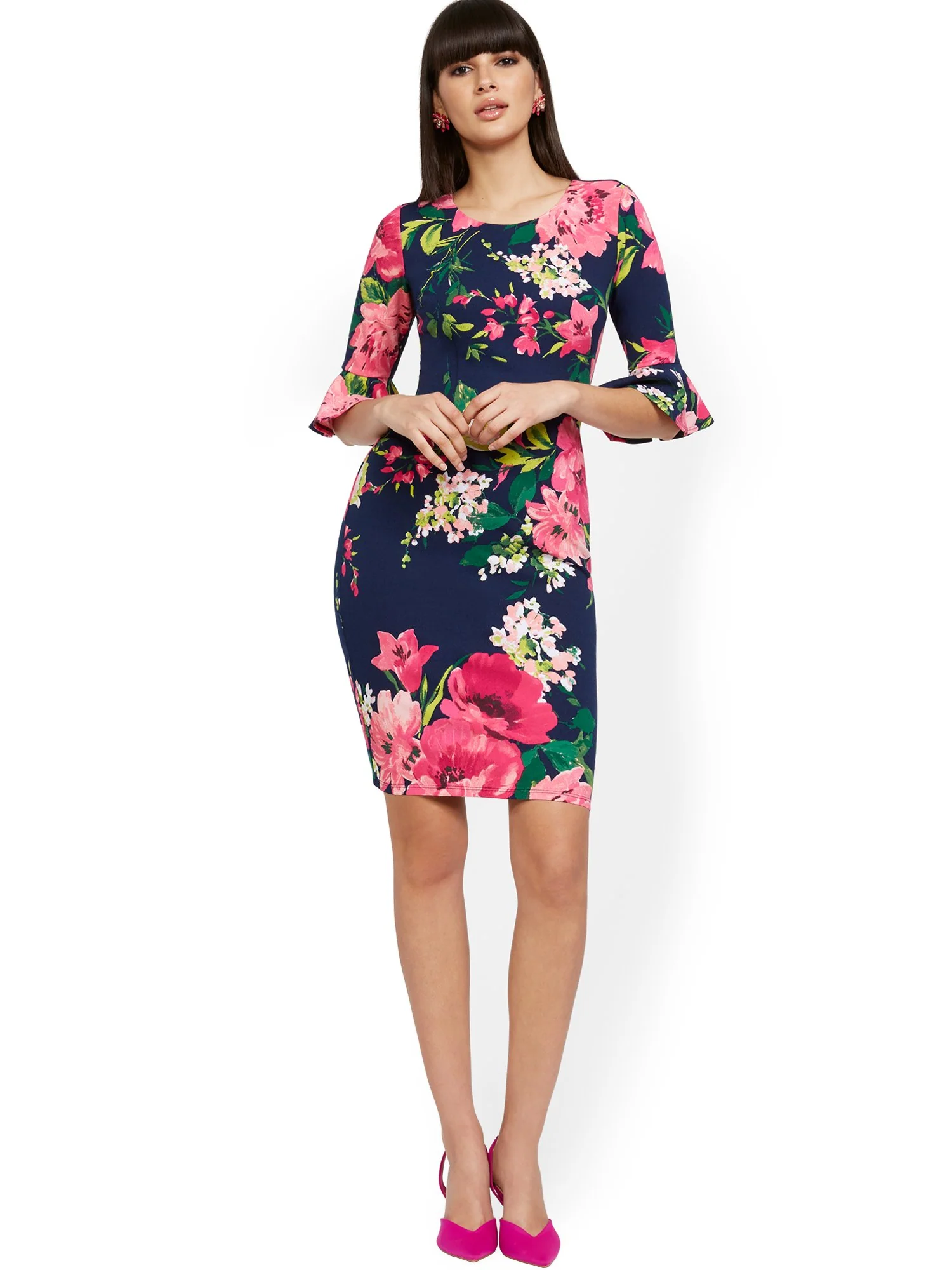 Navy Flounce-Cuff Sheath Dress - Magic Crepe® - Image 4