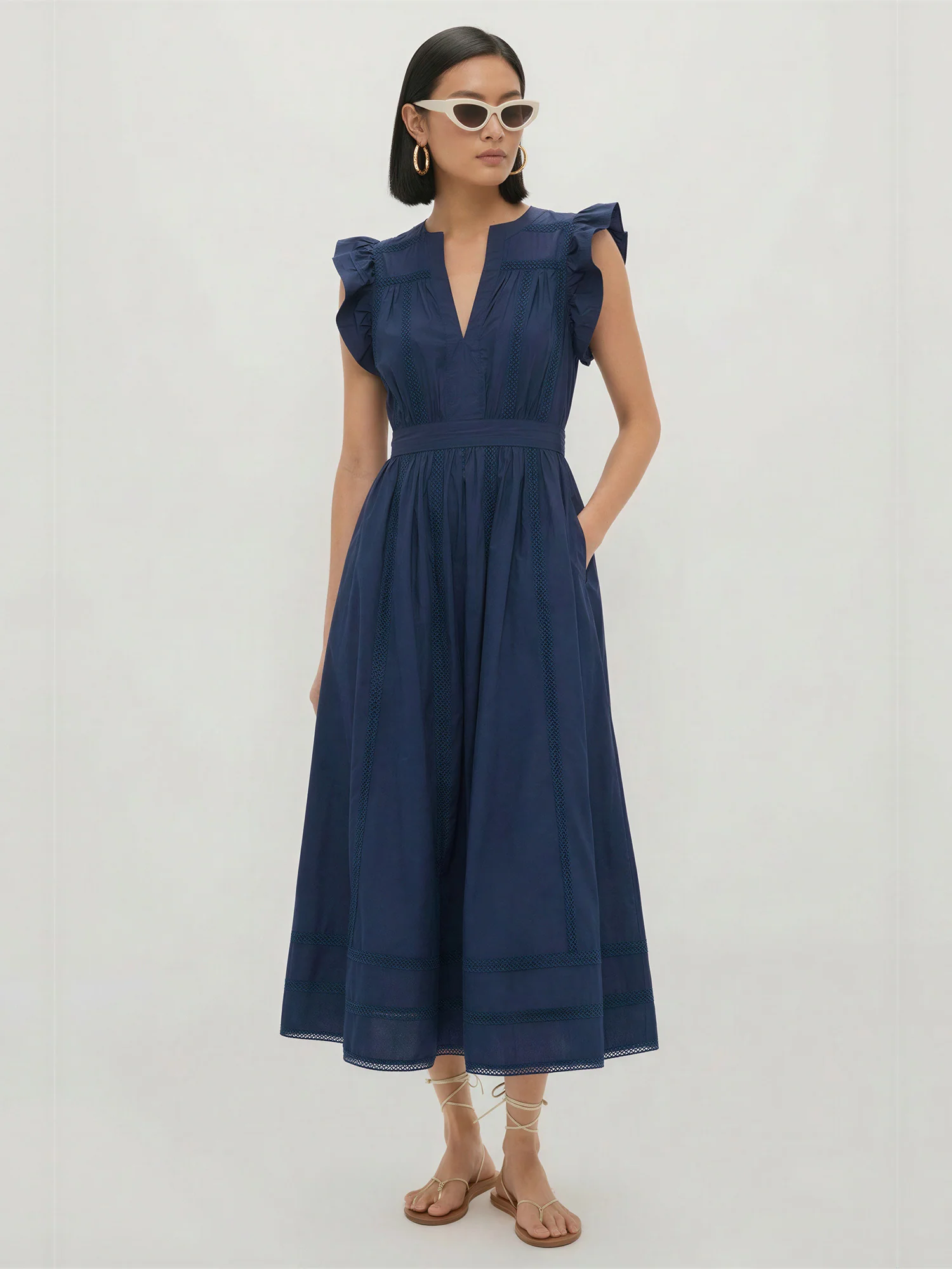 Notched Collar V-Neck Flutter Sleeve A-Line Dress