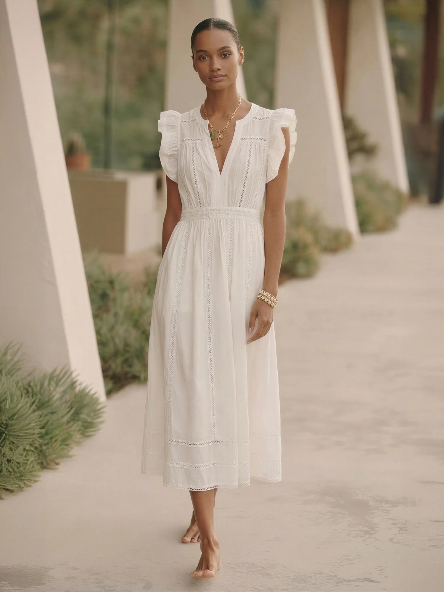 Notched Collar V-Neck Flutter Sleeve A-Line Dress - Image 5