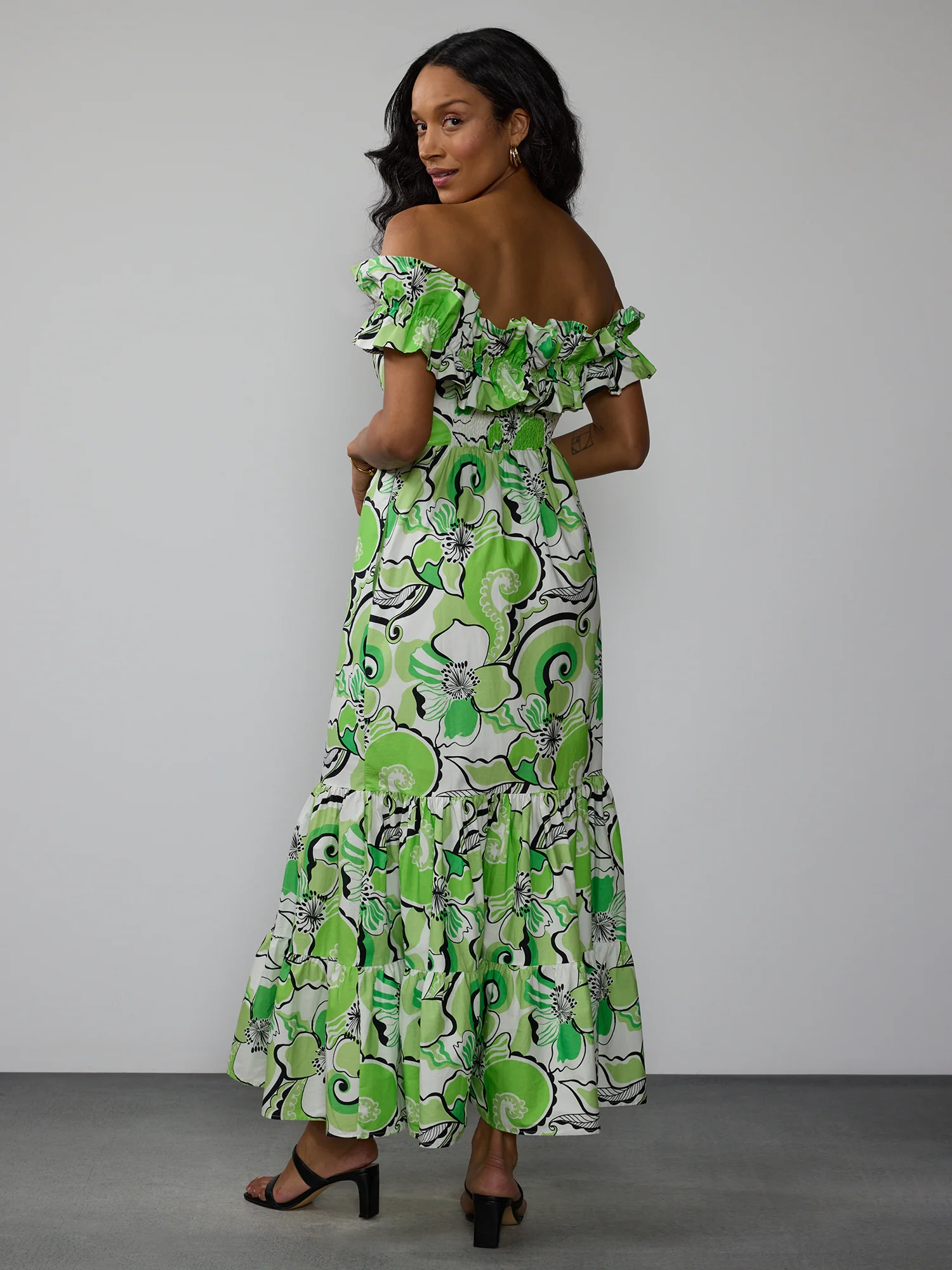 Off Shoulder Smock Back Floral Maxi Dress - Image 3