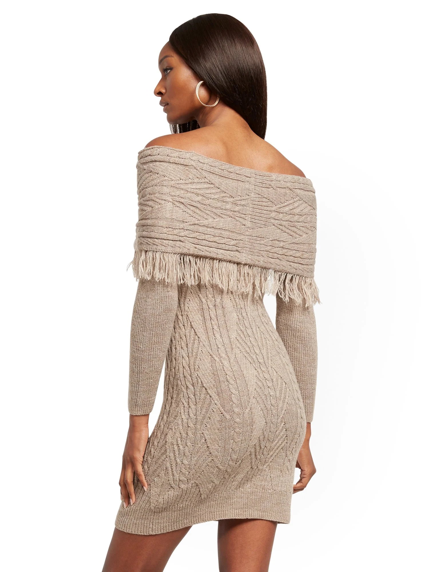 Off-The-Shoulder Fringe Sweater Sheath Dress - Image 3