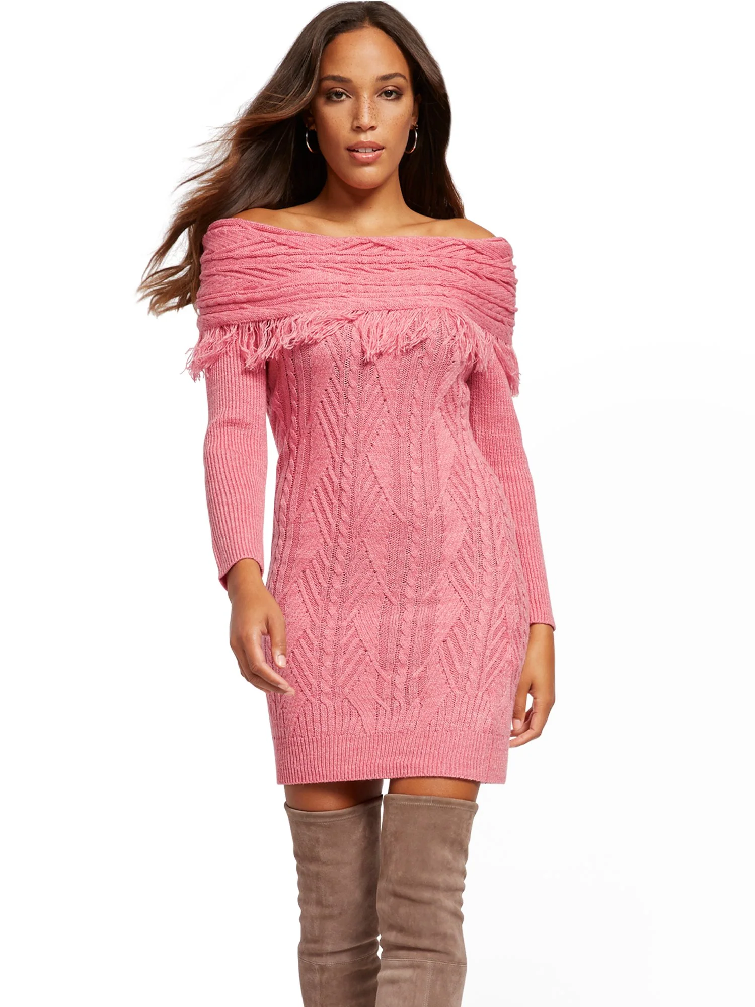 Off-The-Shoulder Fringe Sweater Sheath Dress - Image 7