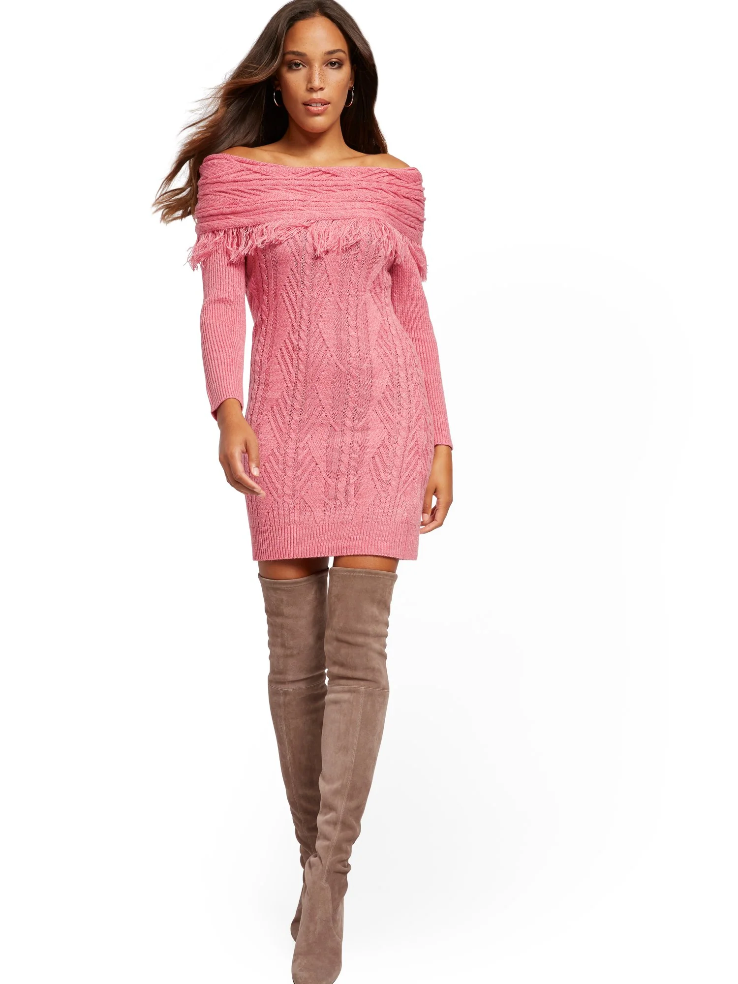 Off-The-Shoulder Fringe Sweater Sheath Dress - Image 8