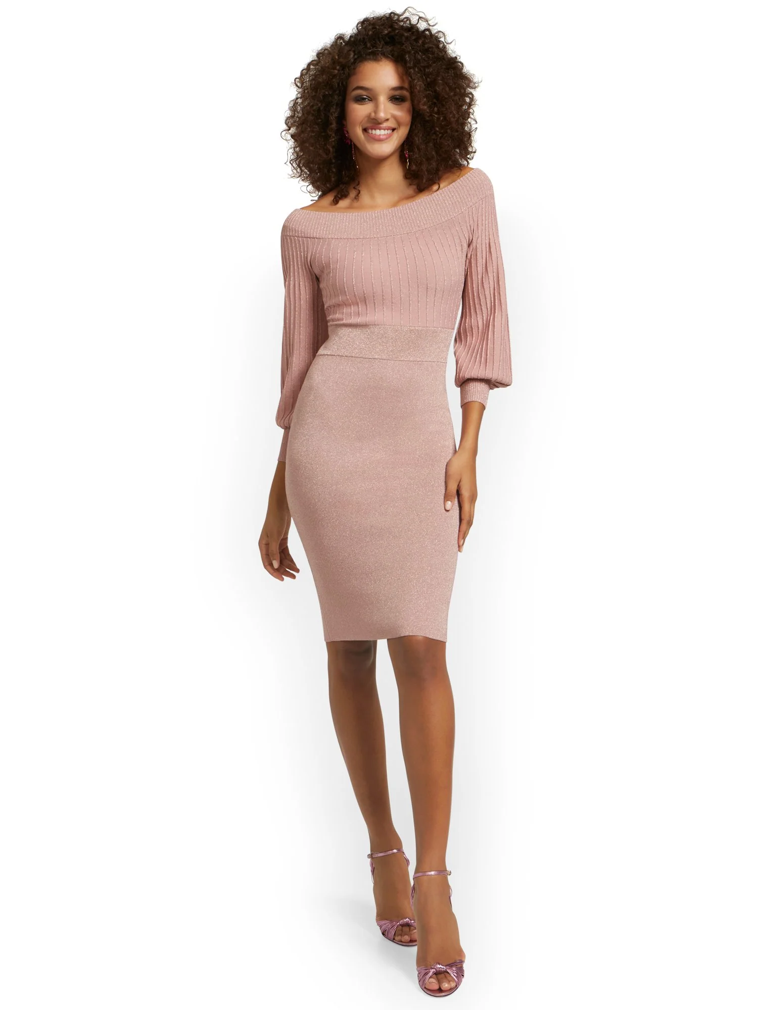 Off-The-Shoulder Metallic Sweater Sheath Dress - Image 2