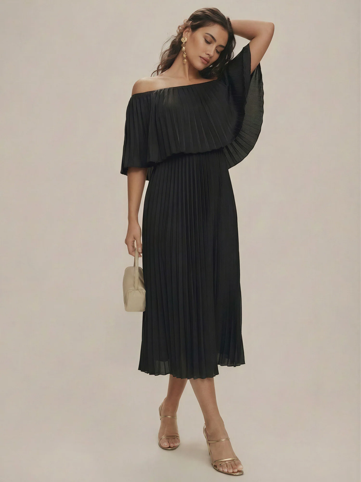 Off The Shoulder Peated Satin Jumpsuit