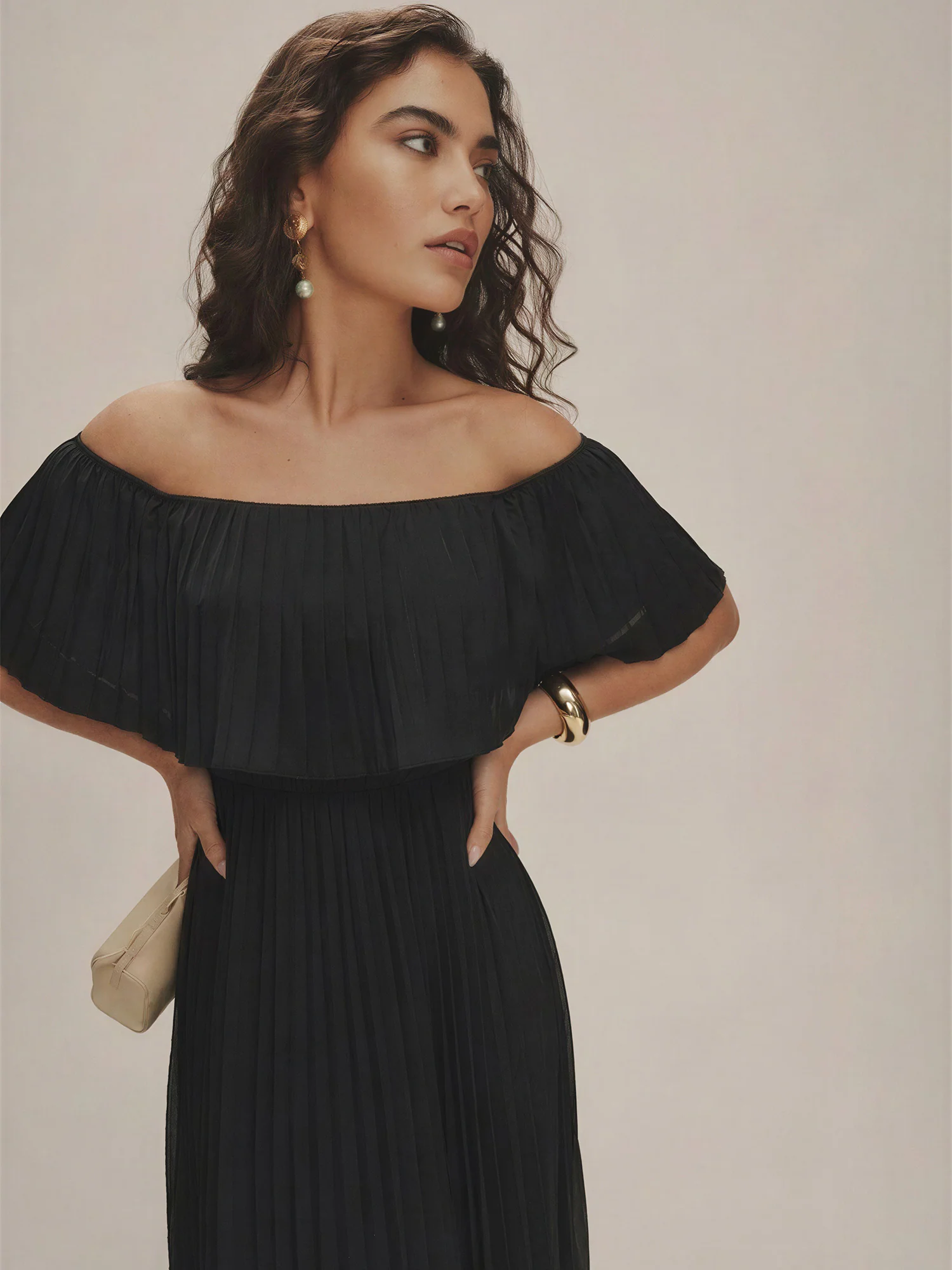 Off The Shoulder Peated Satin Jumpsuit - Image 2