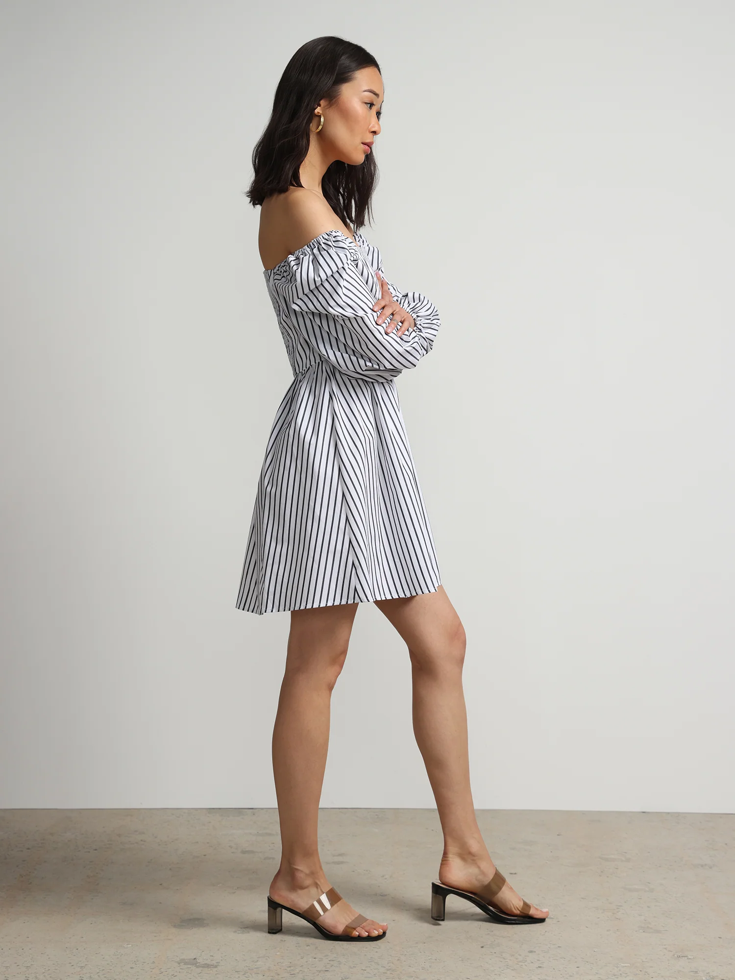 Off-The-Shoulder Pinstripe Puff-Sleeve Dress - Image 2