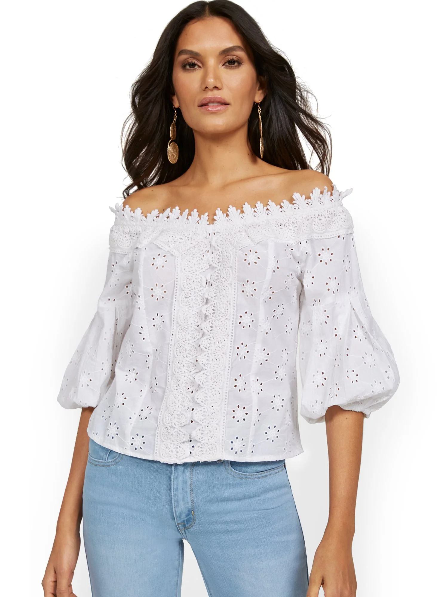 Off-The-Shoulder Puff Sleeve Eyelet Blouse - Image 2