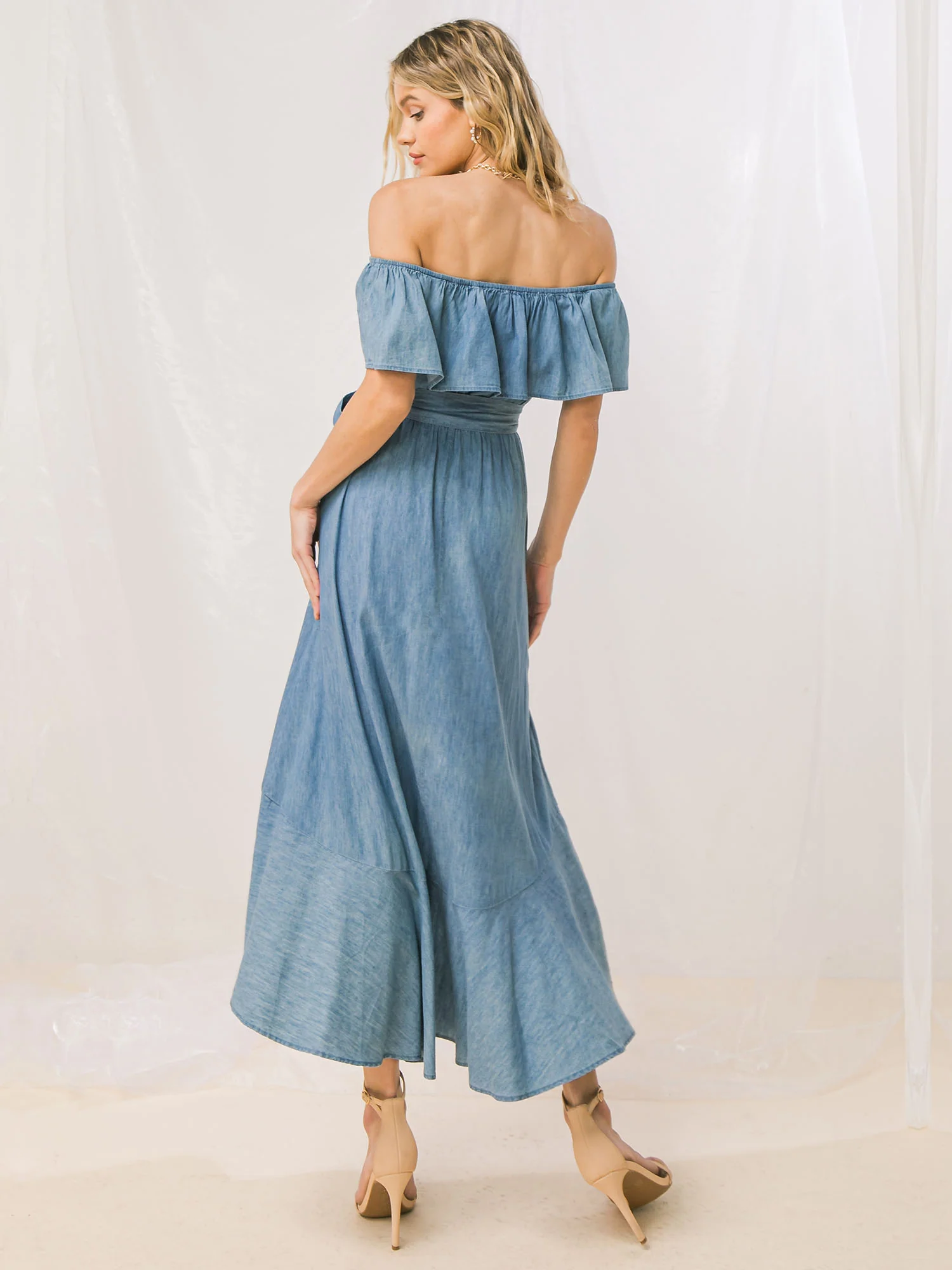 Flying Tomato Off The Shoulder Ruffle Waist-Bow Cascade Asymmetric Wrap Dress - Brands We Love - Image 5