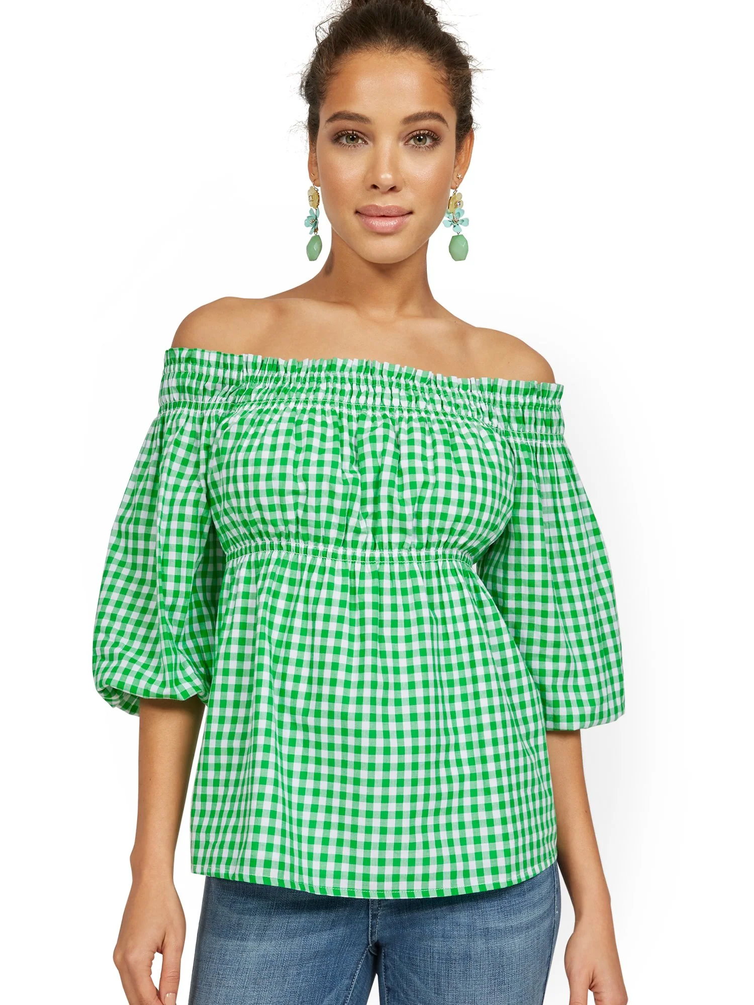 Off-The-Shoulder Smocked Gingham Top - Image 2