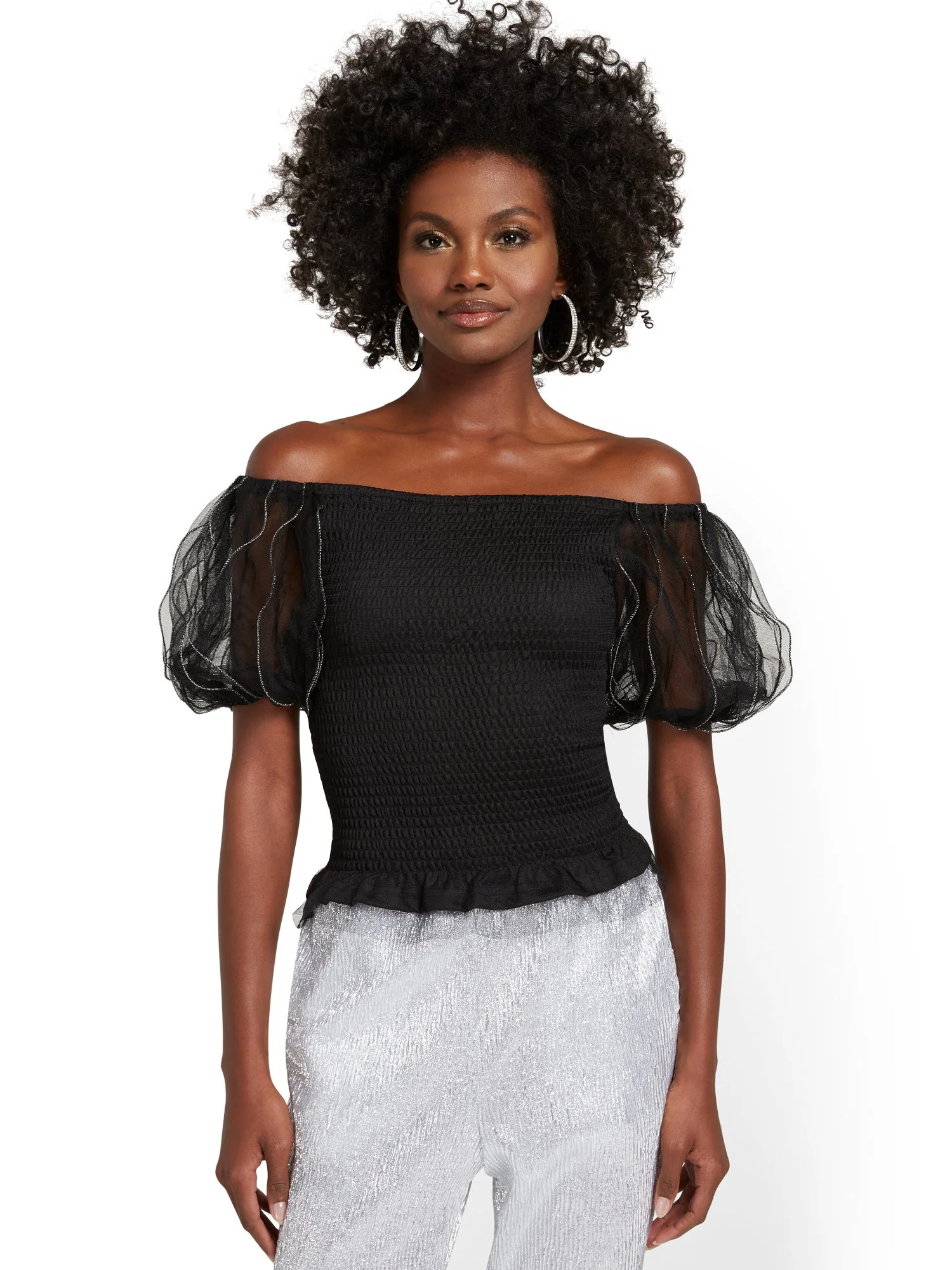 Off-The-Shoulder Tulle-Sleeve Blouse