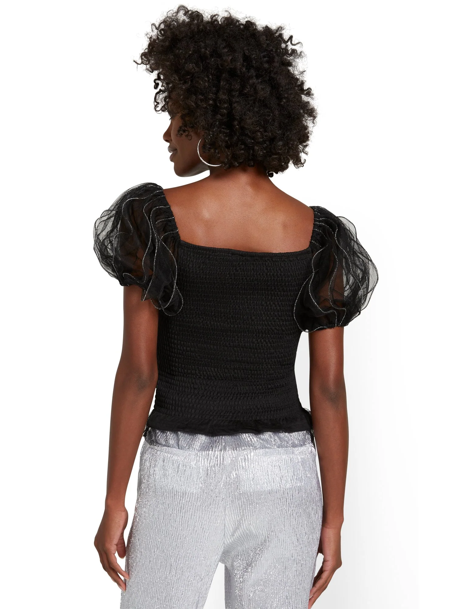 Off-The-Shoulder Tulle-Sleeve Blouse - Image 3