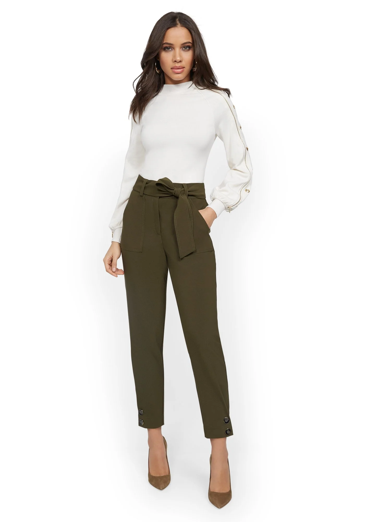 Olive Button-Accent Slim Ankle Pant - 7th Avenue - Image 4